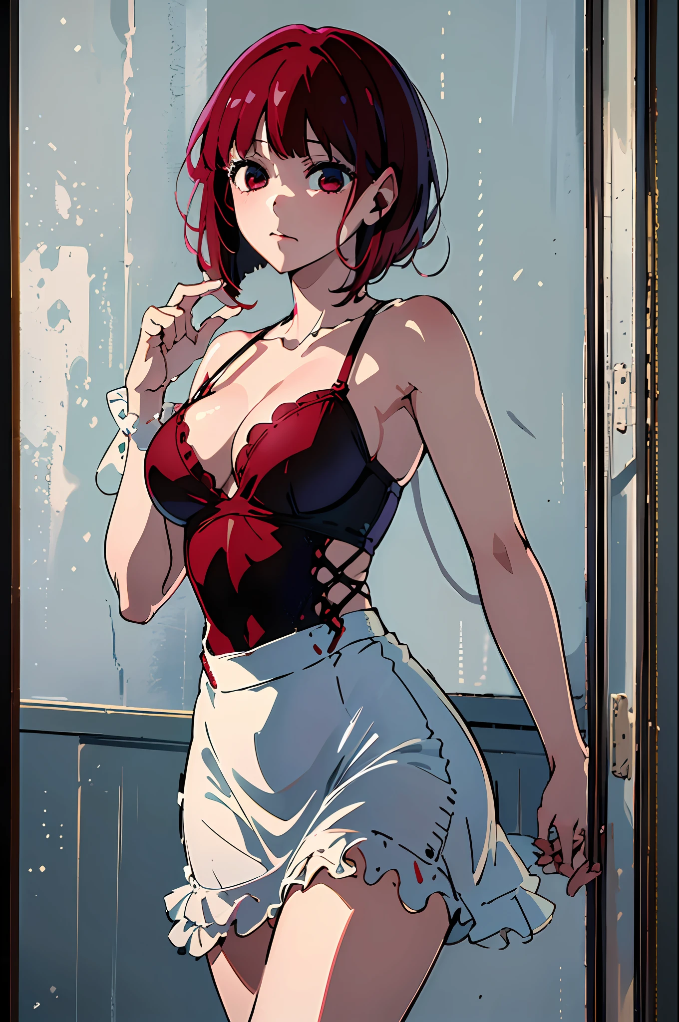 ((night, realistic light, top quality, 8K, masterpiece: 1.3)), full-body, petite girl, slender beauty: 1.4, prominent abs: 1.1, uneven, (red hair, red big eyes, short hair, big: 1.2), moist silk dress: 1.2, bathroom, super slender face, full eye detail, double eyelids). {{Masterpiece}}, {{Best Quality}}}}, {{Super Detail}}, {{Illustration}}, {{Disheveled Hair}}, {{Masterpiece}}, {Highest Quality}, {{Super Detail}, {{{Illustration}, Beautiful scenes, clear facial features, hyperrealistic, octane rendering, UE5, high detail, hyper quality, high resolution, art station trend, Hyperrealism, Surrealism, HD, 16K, Telephoto Lens, Medium Close-Up, Split Lighting,