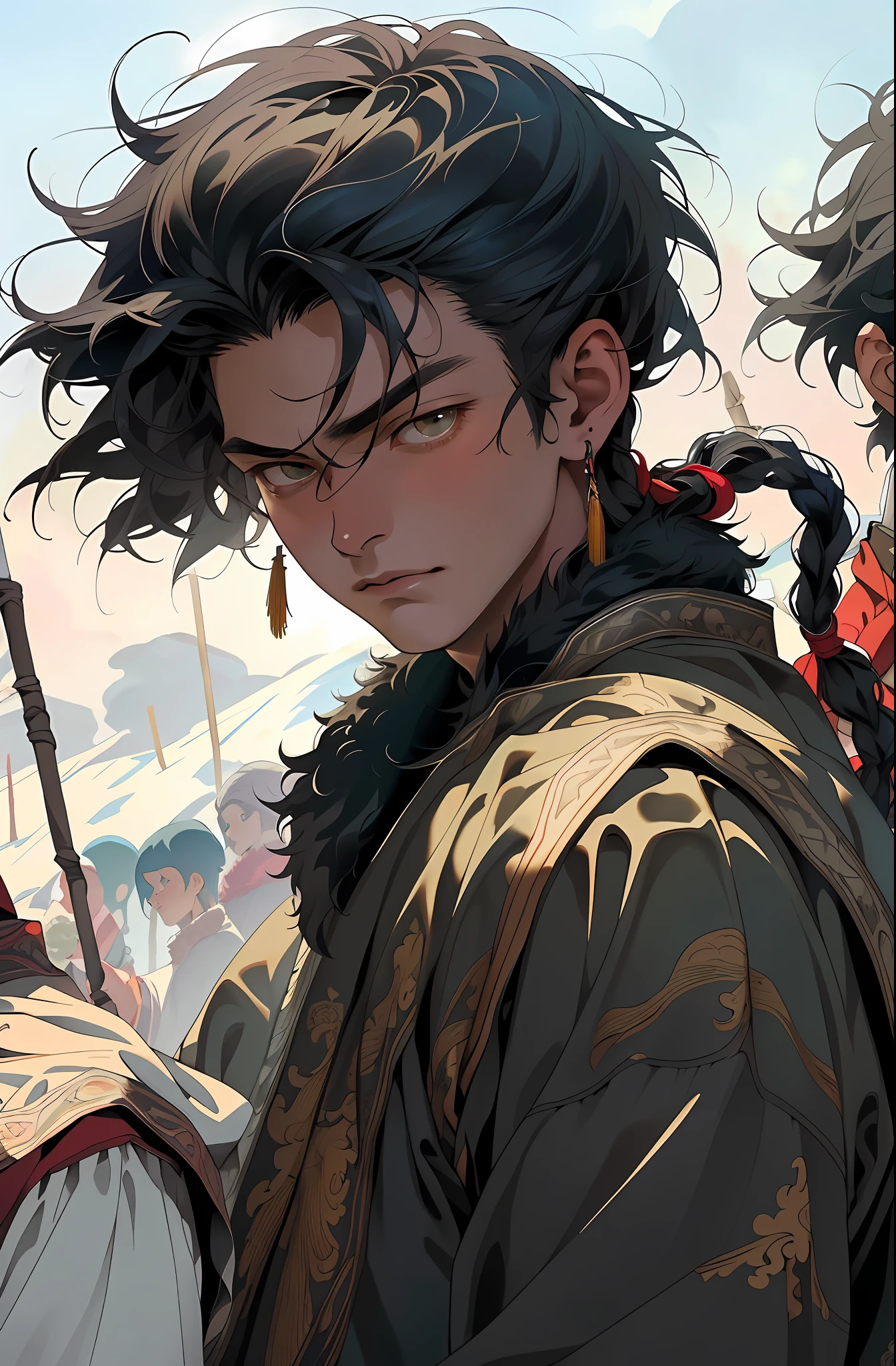 Realistic, (masterpiece, top quality, best quality, official art,), very detailed, most detailed, (1boy:1.3), gods, black hair, mysterious, handsome man, ((nomadic style)), steppe, herdsman, fur coat, ornaments, earrings, single braid