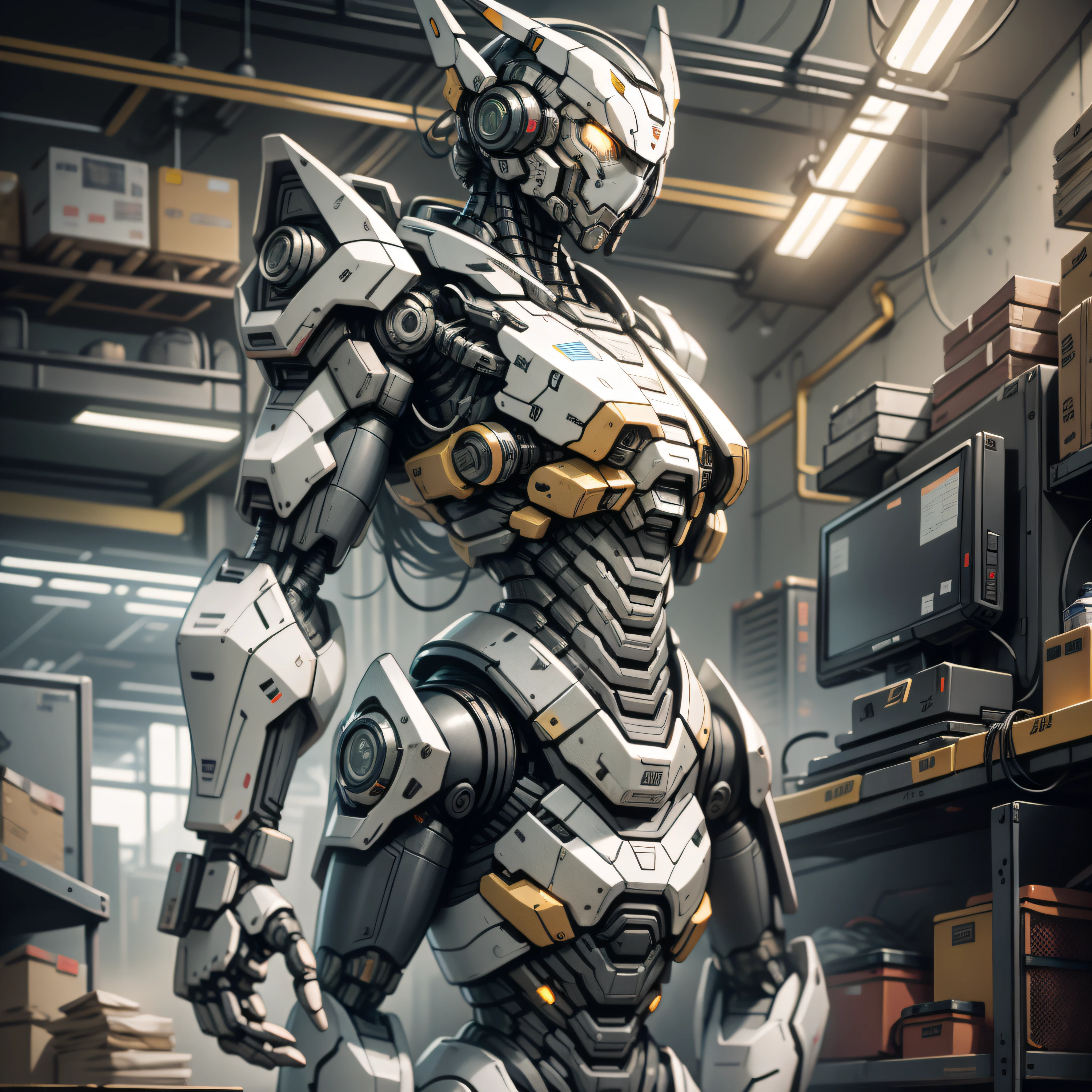 (masterpiece, best quality), intricate details, photo, realistic, unreal engine,
Mecha, humanoid robot, robot, robot joints, joints, helmet, armor, robot man, new, cyberpunk warehouse, computer terminals, arcing electricity, sp3ct4, dark atmosphere,