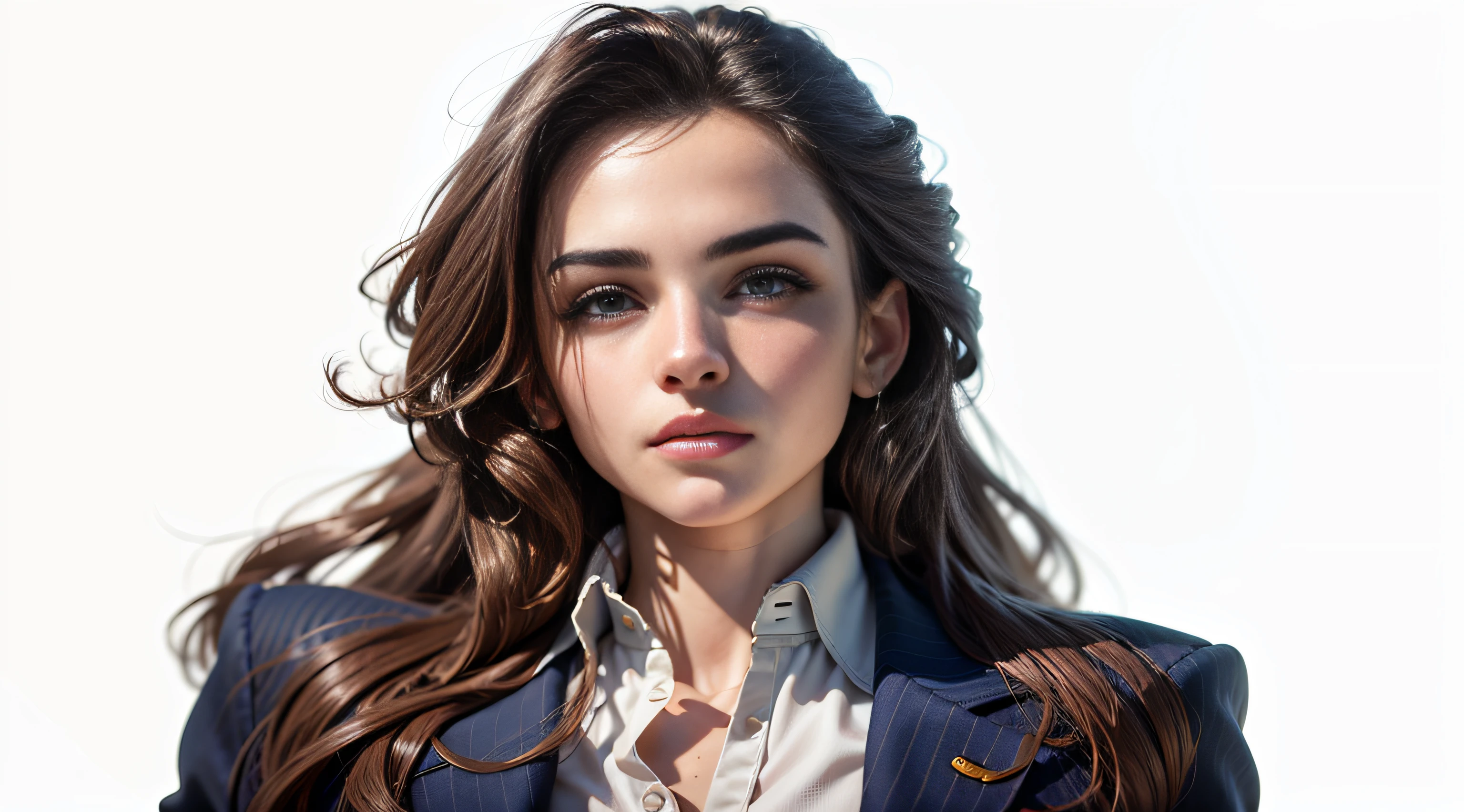 Mulher de 23 anos vestindo blazer azul marinho, Russo, pele branca, brown hair, olhos azuis, Realistic image, imagem perfeita, rosto perfeito, Cinematic lighting, head display