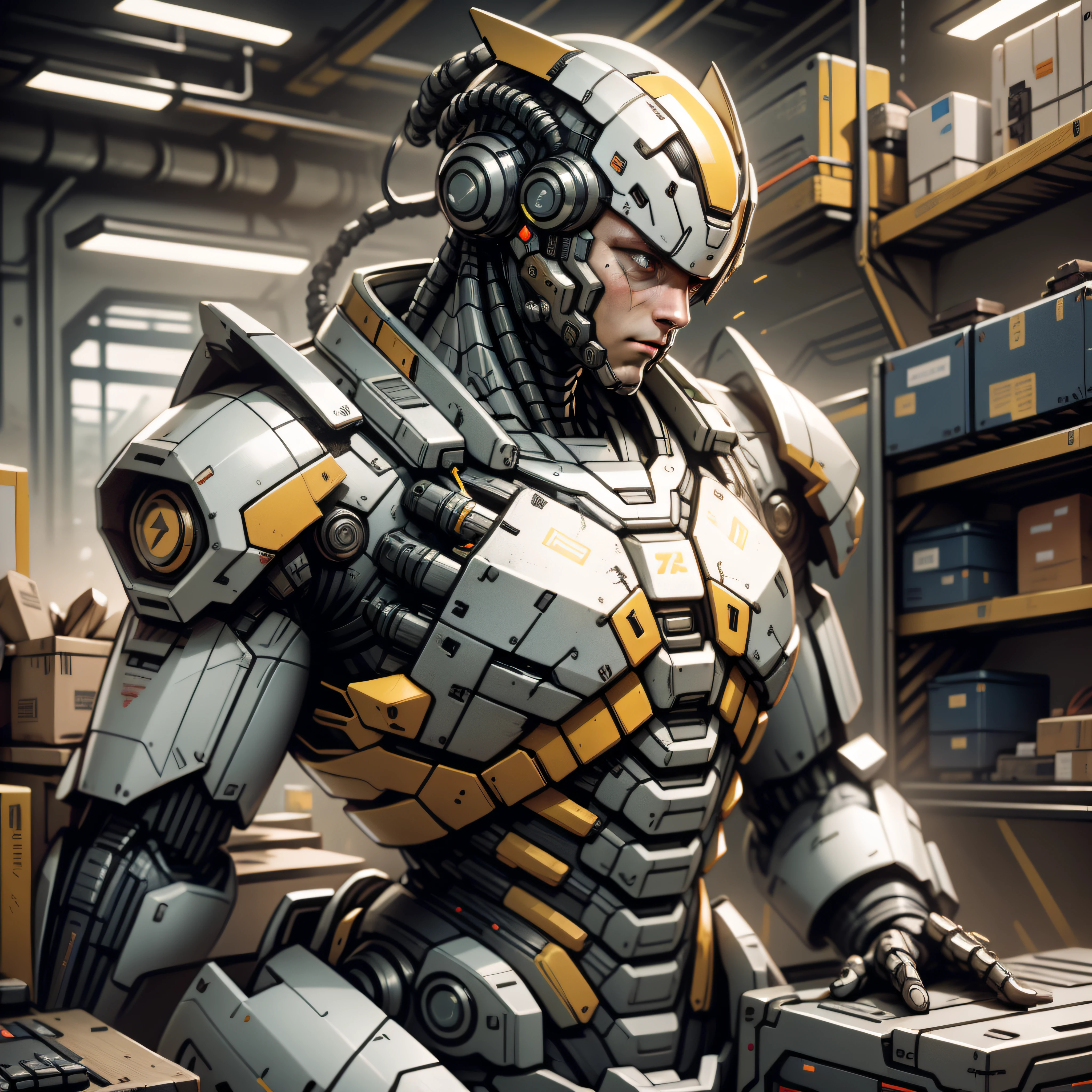 (masterpiece, best quality), intricate details, photo, realistic, unreal engine,
Mecha, humanoid robot, robot, robot joints, joints, helmet, armor, robot man, new, cyberpunk warehouse, computer terminals, arcing electricity, sp3ct4, dark atmosphere,