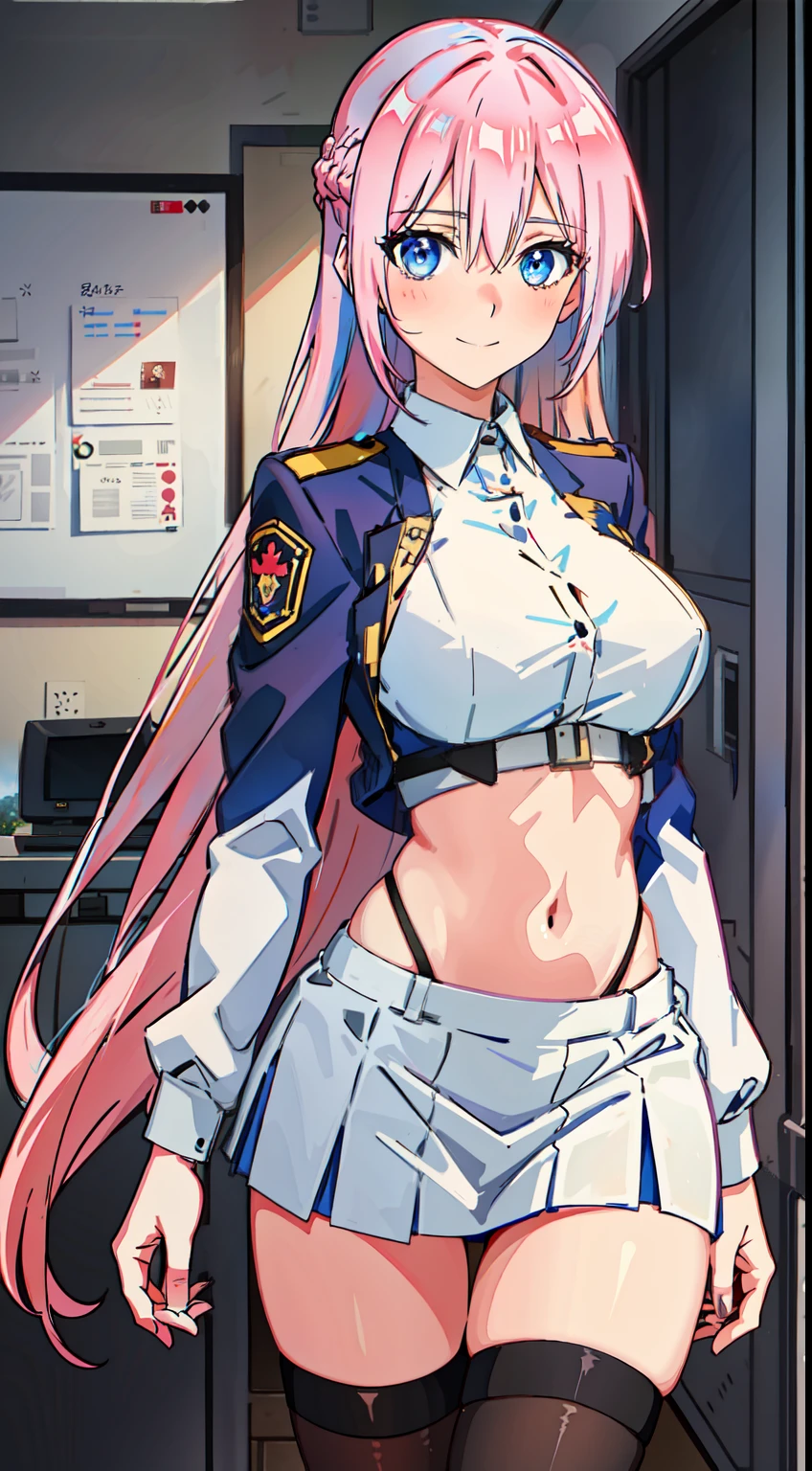 shikimori, slim legs, navel, short skirt, standing, beautiful eyes, blue eyes, happy, soldier uniform, pink hair, long hair, thigh high socks, office