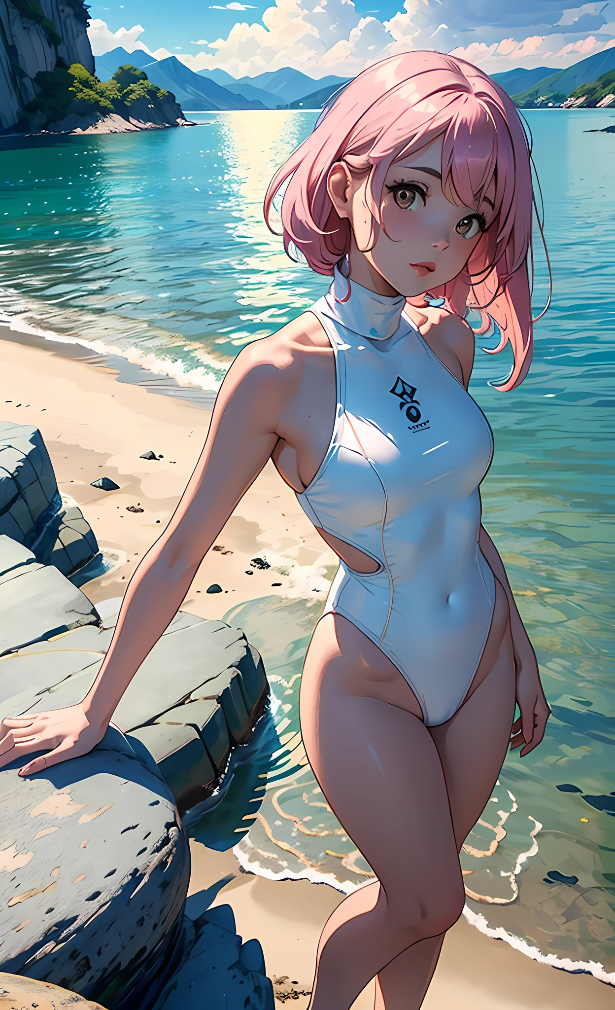 1 girl in, serene expression, ojos morados fascinantes, Cabello largo, ((cabello rosado)), (((Light yellow turtleneck swimsuit))), (((sentada en una roca con las piernas cruzadas))),postura serena, piel de porcelana, rubor sutil, (edge lighting): 1.2, warm tones, resplandor solar, sombras suaves, colores vibrantes, Pictorial effect, Dreamy atmosphere BREAK scenic lake, Distant mountains, salsa, aguas tranquilas, reflejo, nubes iluminadas por el sol, ambiente tranquilo, Idyllic sunset, ultra detallado, arte oficial, fondo de pantalla de unidad 8k, Zentangle, mandala,sin mangas,