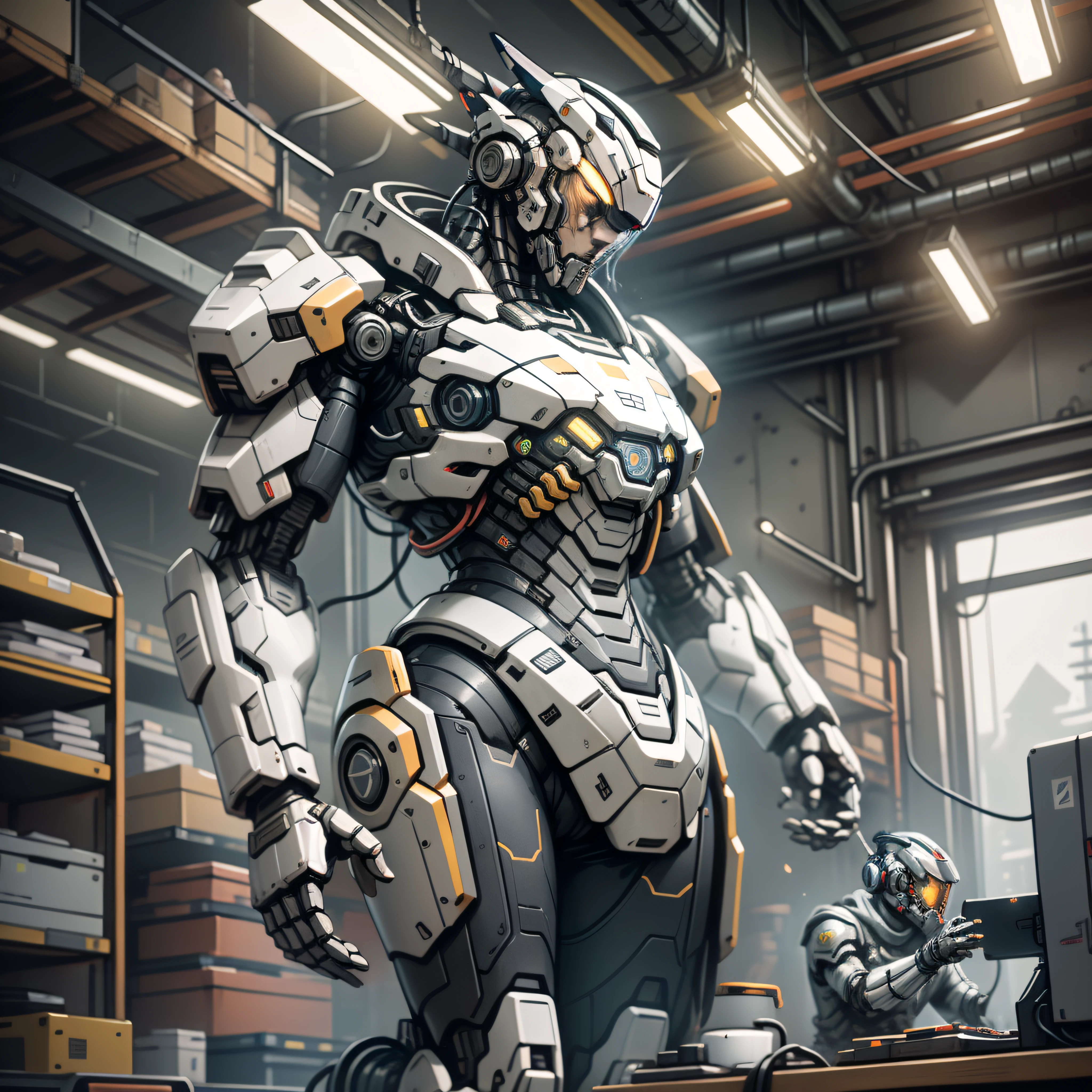 (masterpiece, best quality),  intricate details, photo, realistic, unreal engine, 
 Mecha, humanoid robot, robot, robot joints, joints, helmet, armor, robot man, new, cyberpunk warehouse, computer terminals, arcing electricity,  sp3ct4,  dark atmosphere,