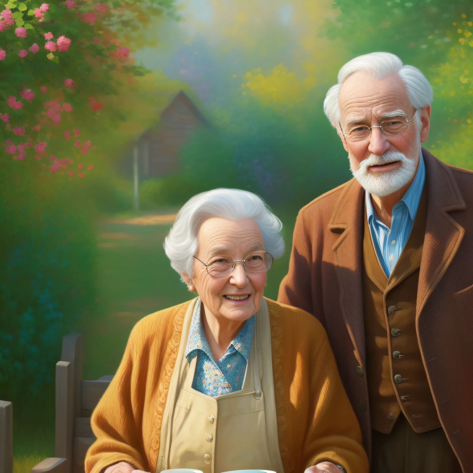 Scenario: an old man and an old woman, 80 years old, good-humored talking. Paint style: "impressionism", with well defined vibrant colors in 8K. Paint in such a way that the characters are easily recognizable and reveal the perfection of the characters' facial expressions.