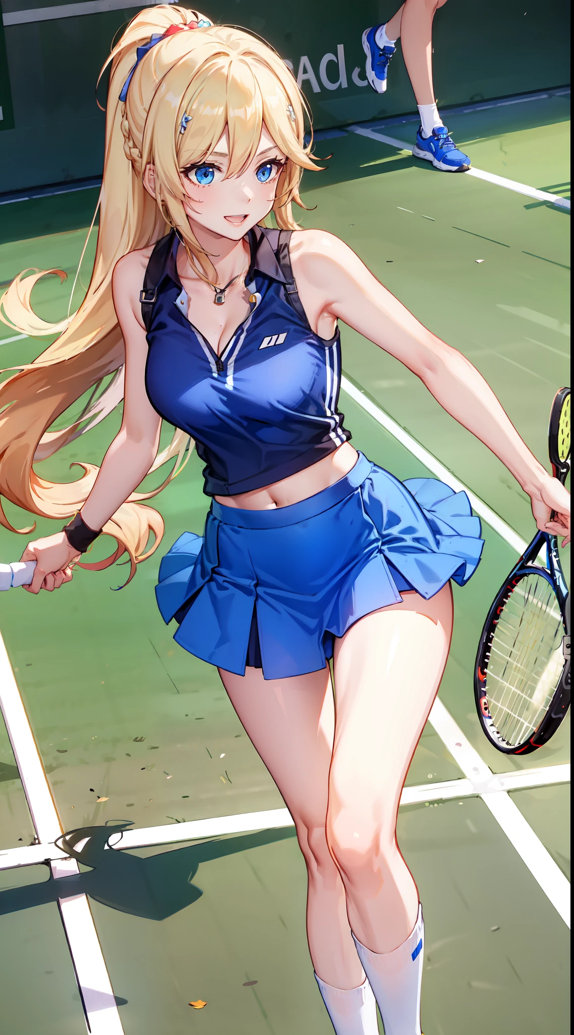 slim legs, happy, cleavage, short skirt, navel, blue eyes, tennis player, thigh high socks, stand, blonde hair, long hair, short skirt