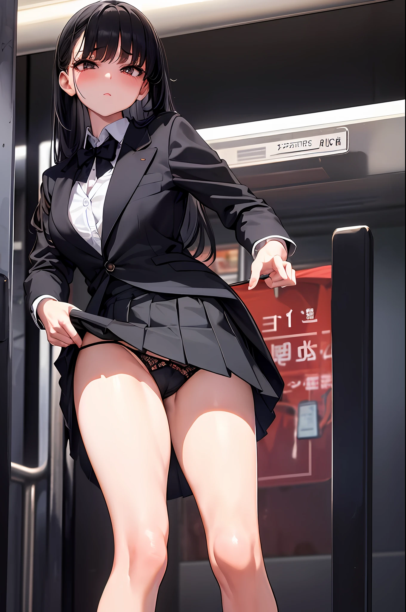 Basil top quality, 1girl in, School uniform, Standing, Crowded train, (Pleated skirt, sexy panties:1.4), From below.((Cute panties)) ((A man in a black suit stands behind her.)) He held the edge of her skirt、Flipped it up and showed her panties.,((Beautiful eyelashes))
