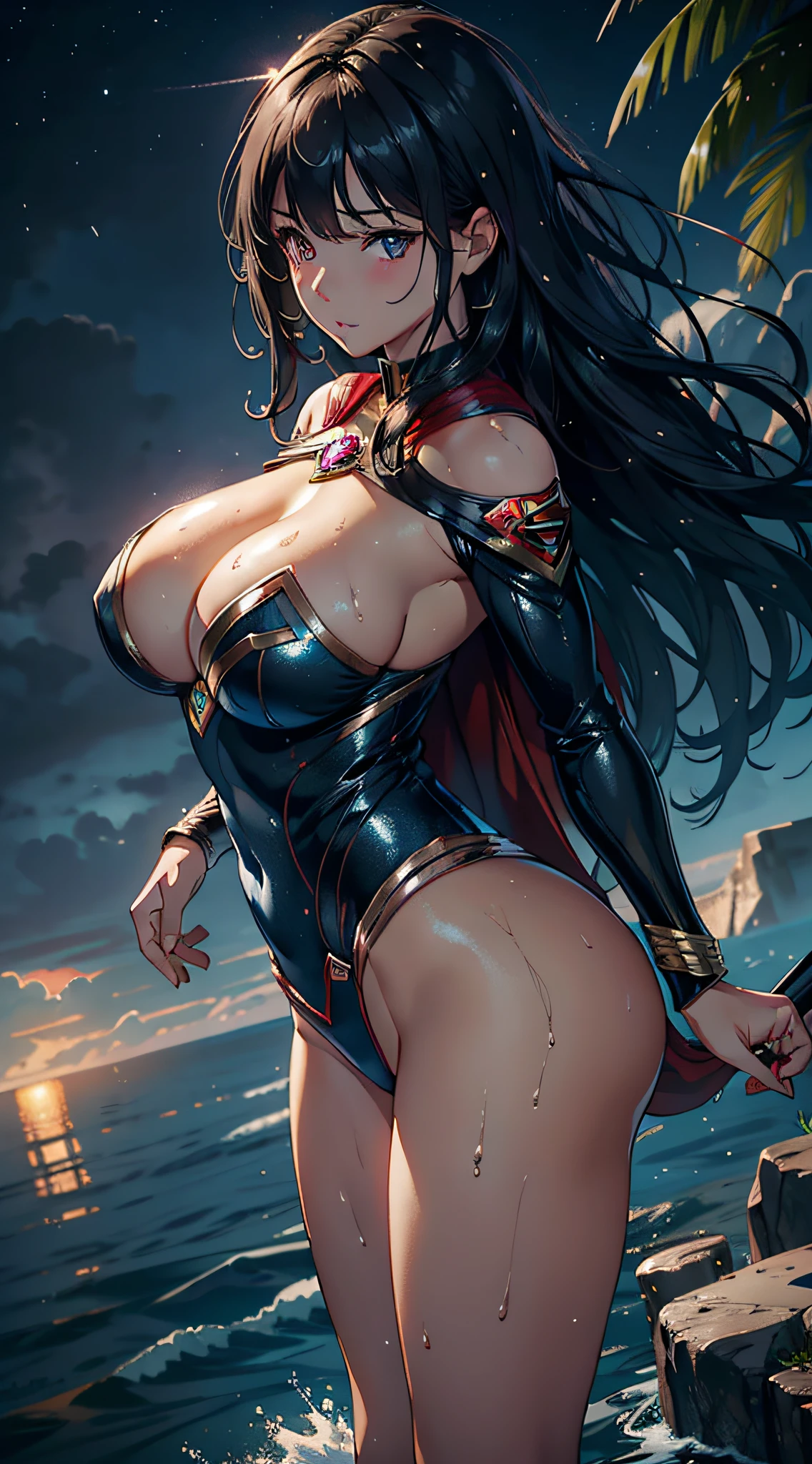 1girll,Huge breasts, themoon, 独奏, hair adornments, She's wet, Erotic blue Superman uniform,Supergirl,Take aphrodisiacs,Lewd expression, exteriors, Skysky, brunette color hair,long hair flowing, exposed bare shoulders, standing on your feet, nigh sky,Bigchest, wetclothes, from the front side, hair straight, mostly cloudy sky, Wet hair (((tmasterpiece),(Very detailed CG unity 8K wallpaper),best qualtiy,,独奏,1girll,cinmatic lighting,detailed back ground,beatiful detailed eyes,Bright pupils,(Very fine and beautiful),(Beautiful and detailed eye description),ultra - detailed,tmasterpiece,)),facing at camera,Leakage out of the breast,Expose the lower body,nakeness,leering,Protruding underparts,Camel toes,cleavage