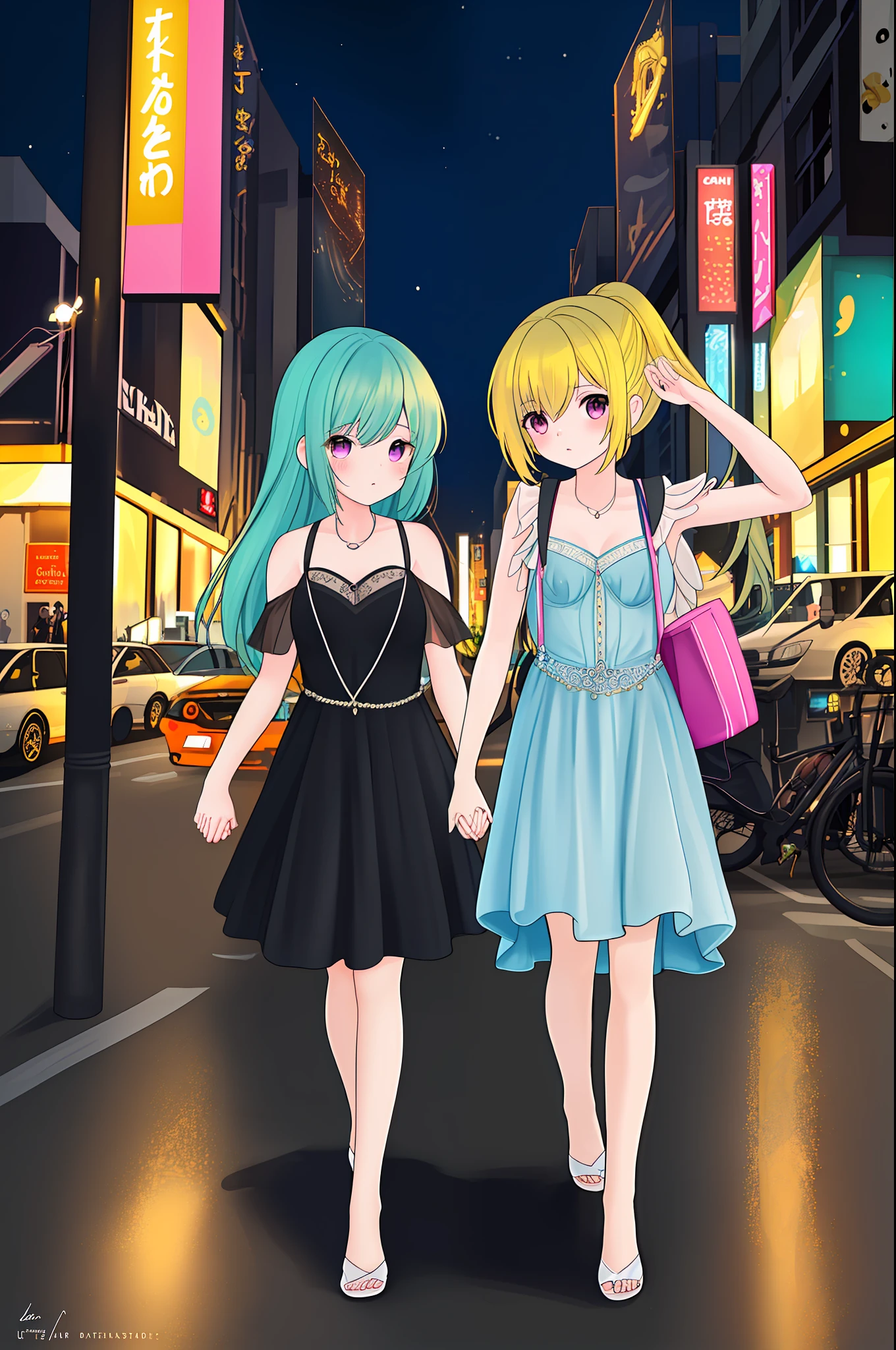 Una imagen espectacular. A medium shot of a beautiful young woman of about 23 years and her sister of 27 years even more impressive, are of Germanic origin. The two are together holding hands strolling down a New York street on a Saturday night on their way to party areas............................. Realismo extremo, detalles locos, intricate composition, cinematic quality, perfect photography, Colores sublimes.