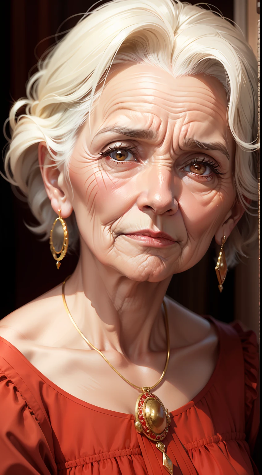 Photo of a beautiful old woman looking into the camera in red dress and gold earrings, detalhes faciais encantadores, sympathetic expression ultra realistic image.