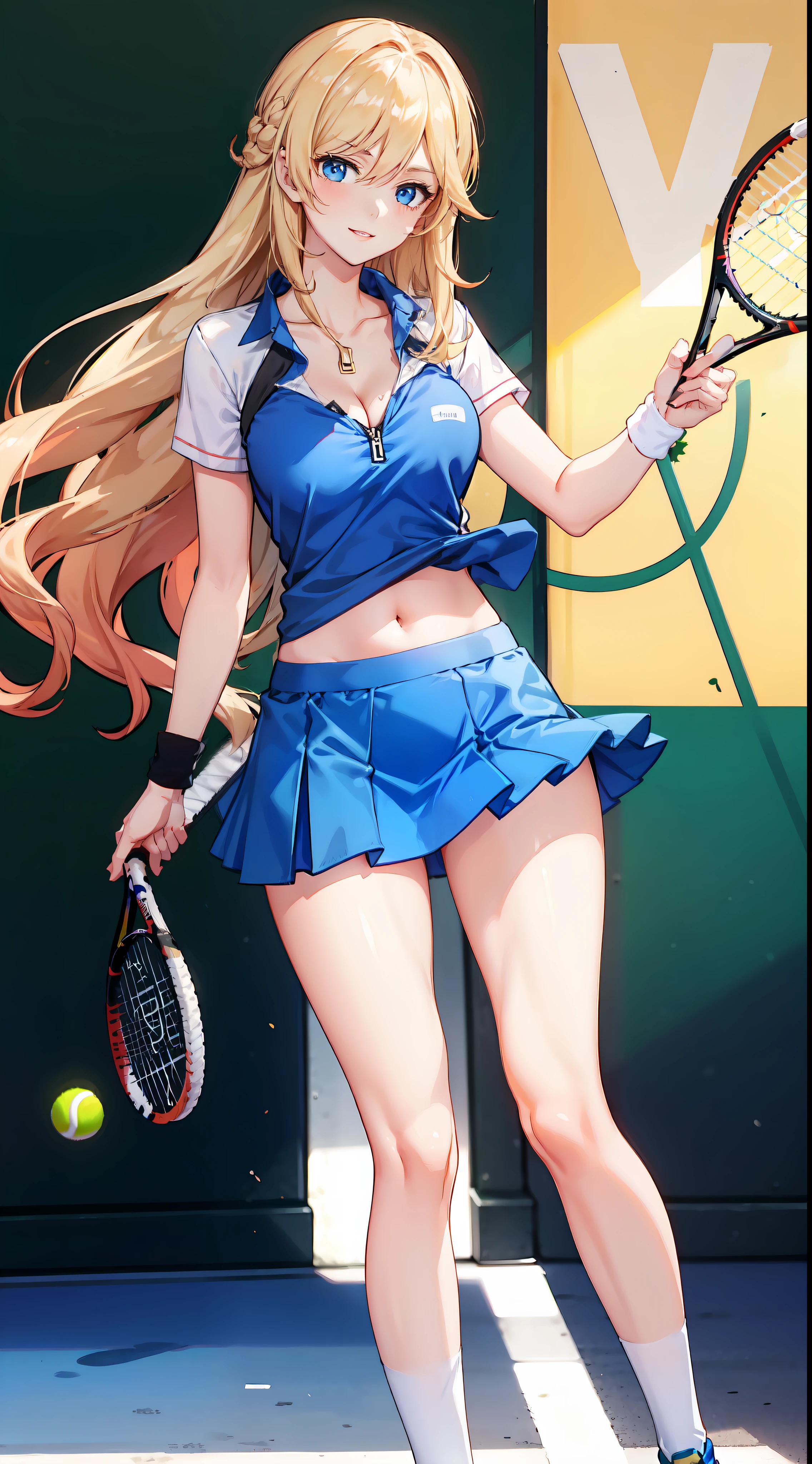 slim legs, happy, cleavage, short skirt, navel, blue eyes, tennis player, thigh high socks, stand, blonde hair, long hair, short skirt