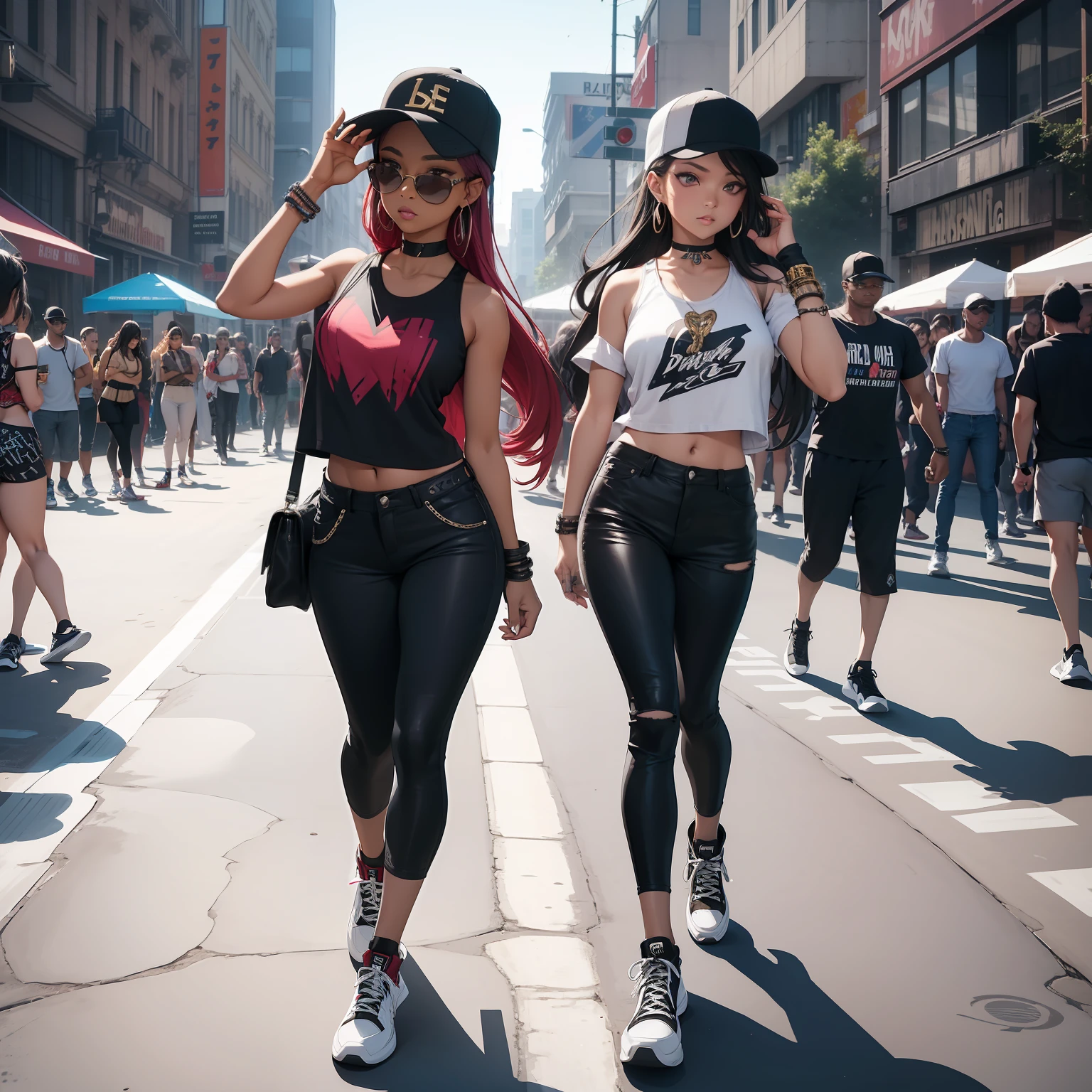 (masterpiece, best quality, ultra HD, 8k, wallpaper), cinematic view, full body view, front view, perfect body, perfect anatomy, curvaceous, alluring, perfect hands, perfect eyes, detailed eyes, large breasts, long round legs, round ass, dynamic duo of street dancers, stand tall, ready to join an exhilarating street dance competition, Dancer 1 embodies timeless elegance, wearing a fitted, burgundy sleeveless vest with black and gold embroidery, complemented by a comfortable crew-neck t-shirt in a subtle geometric print and tailored black joggers paired with black high-top sneakers with white accents. They accessorize with a thin black choker necklace, leather wristbands, and fingerless gloves, On the other hand, Dancer 2 exudes urban chic with a loose-fitting graphic print t-shirt, distressed black jeans, and stylish white low-top sneakers adorned with graffiti designs. They don vibrant beaded bracelets and cool sunglasses, both dancers showcase their passion and talent for street dance, fusing modernity and classic flair in their outfits, ready to captivate the city crowd with mesmerizing moves and innovative choreography, becoming a living expression of art, culture, and rhythm