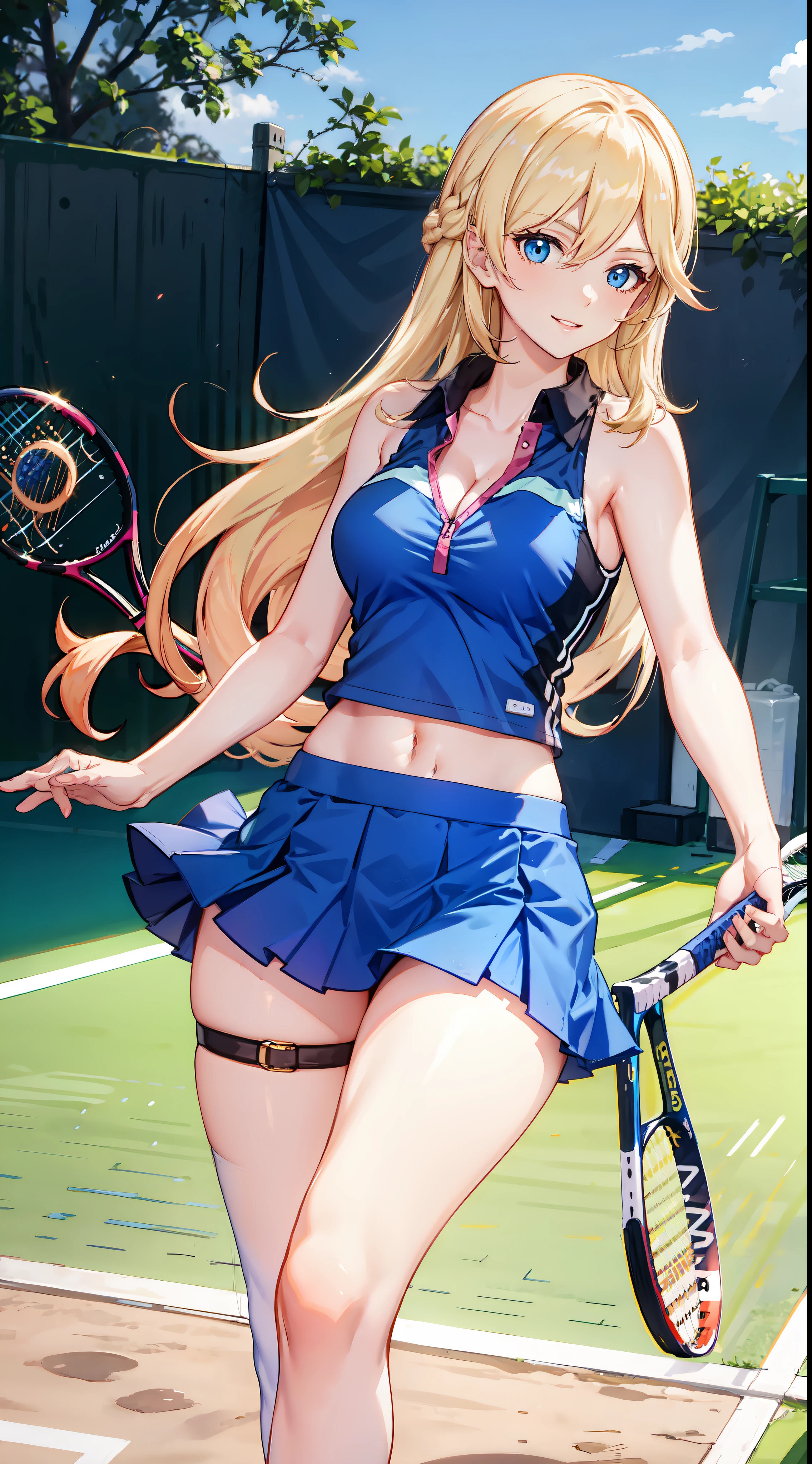 slim legs, happy, cleavage, short skirt, navel, blue eyes, tennis player, thigh high socks, stand, blonde hair, long hair, short skirt