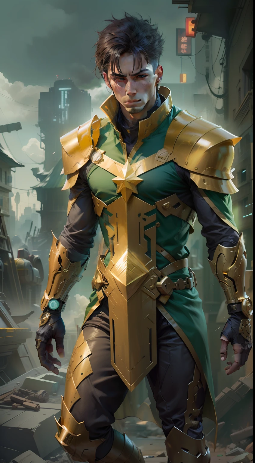 Develop an image of a hero wearing a green and gold costume. The hero must have a noble and powerful appearance, with distinct character traits. The green and gold costume should be modern and futuristic, with technological elements and details that make it unique. The hero must be in a heroic pose, as if he is ready to face any challenge that comes his way. The background scene can be an urban landscape or an imaginary landscape that matches the heroic aura of the character. Feel free to add creative and interesting details to make the hero even more captivating