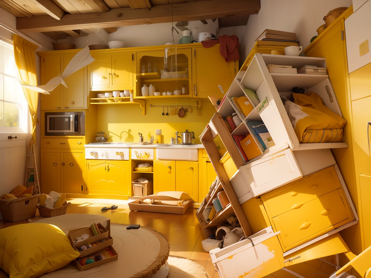 Mueble de cocina pintado totalmente de color amarillo, escena muy iluminada, imagen de alta definicion, obra maestra
