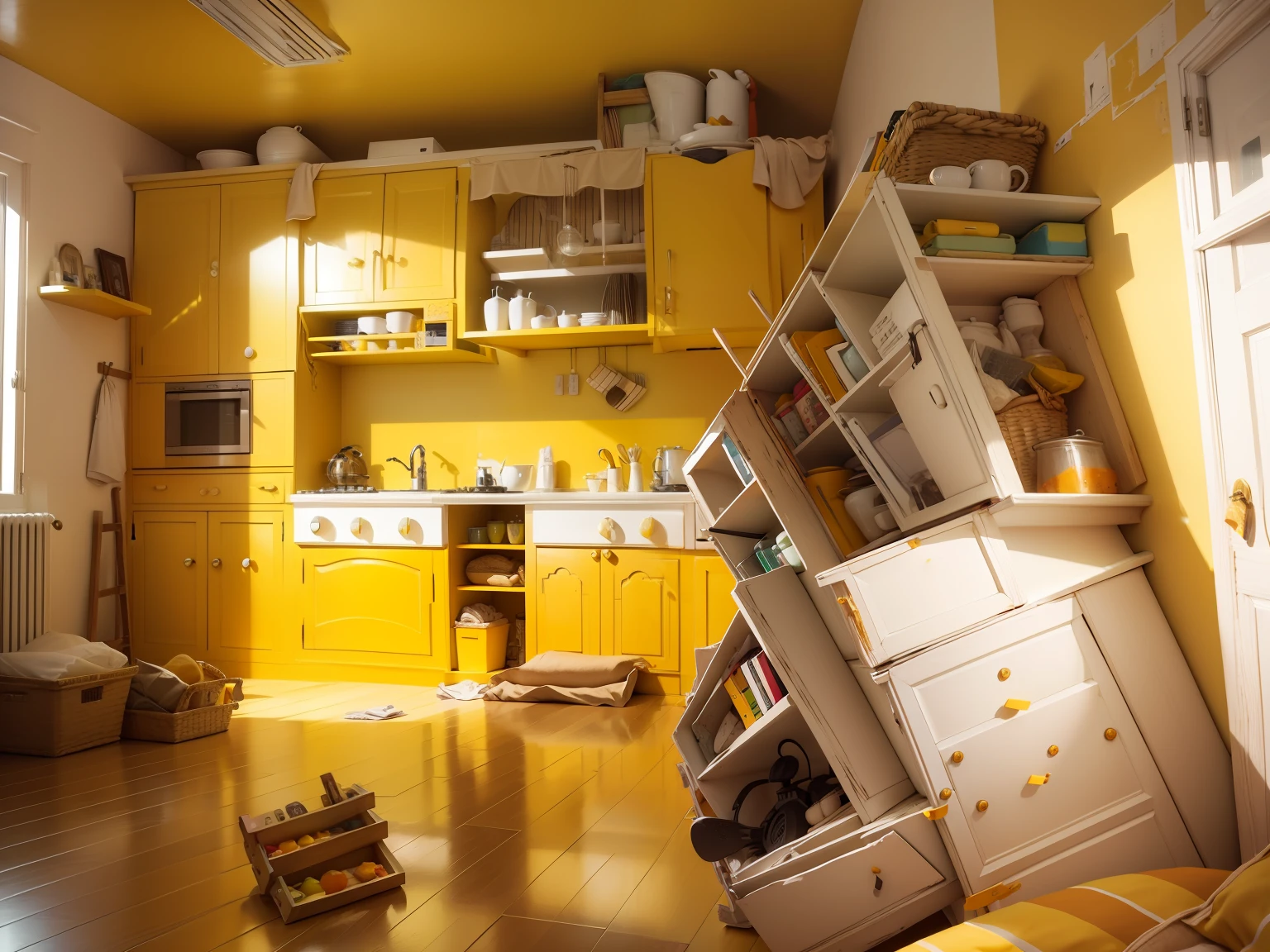 Mueble de cocina pintado totalmente de color amarillo, escena muy iluminada, imagen de alta definicion, obra maestra