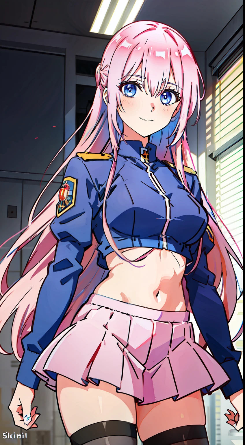 shikimori, slim legs, navel, short skirt, standing, beautiful eyes, blue eyes, happy, soldier uniform, pink hair, long hair, thigh high socks, office