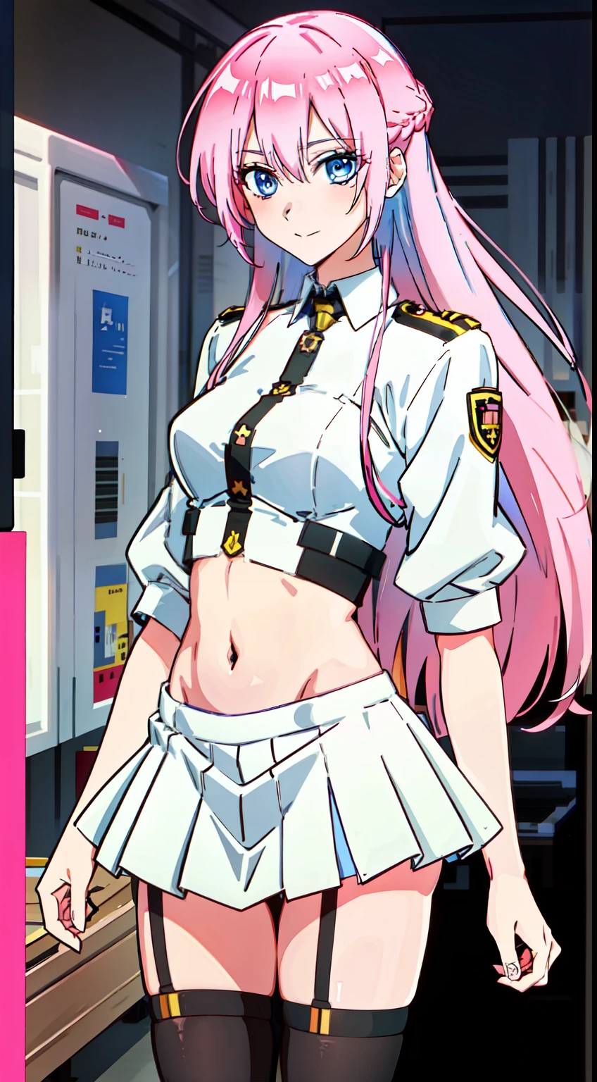 shikimori, slim legs, navel, short skirt, standing, beautiful eyes, blue eyes, happy, soldier uniform, pink hair, long hair, thigh high socks, office
