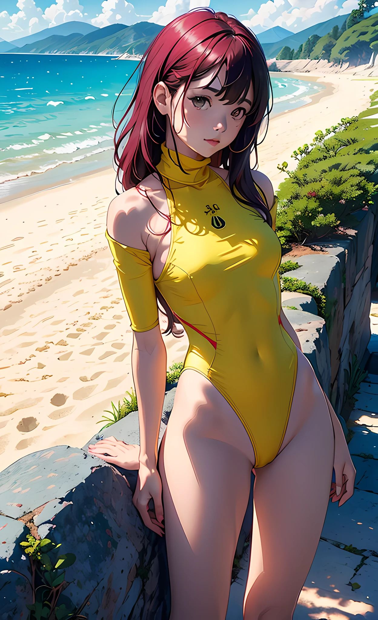 1 girl in, serene expression, ojos morados fascinantes, Cabello largo, ((cabello rosado)), (((Yellow turtleneck swimsuit))), (((sentada en una roca con las piernas cruzadas))),postura serena, piel de porcelana, rubor sutil, (edge lighting): 1.2, warm tones, resplandor solar, sombras suaves, colores vibrantes, Pictorial effect, Dreamy atmosphere BREAK scenic lake, Distant mountains, salsa, aguas tranquilas, reflejo, nubes iluminadas por el sol, ambiente tranquilo, Idyllic sunset, ultra detallado, arte oficial, fondo de pantalla de unidad 8k, Zentangle, mandala,sin mangas,