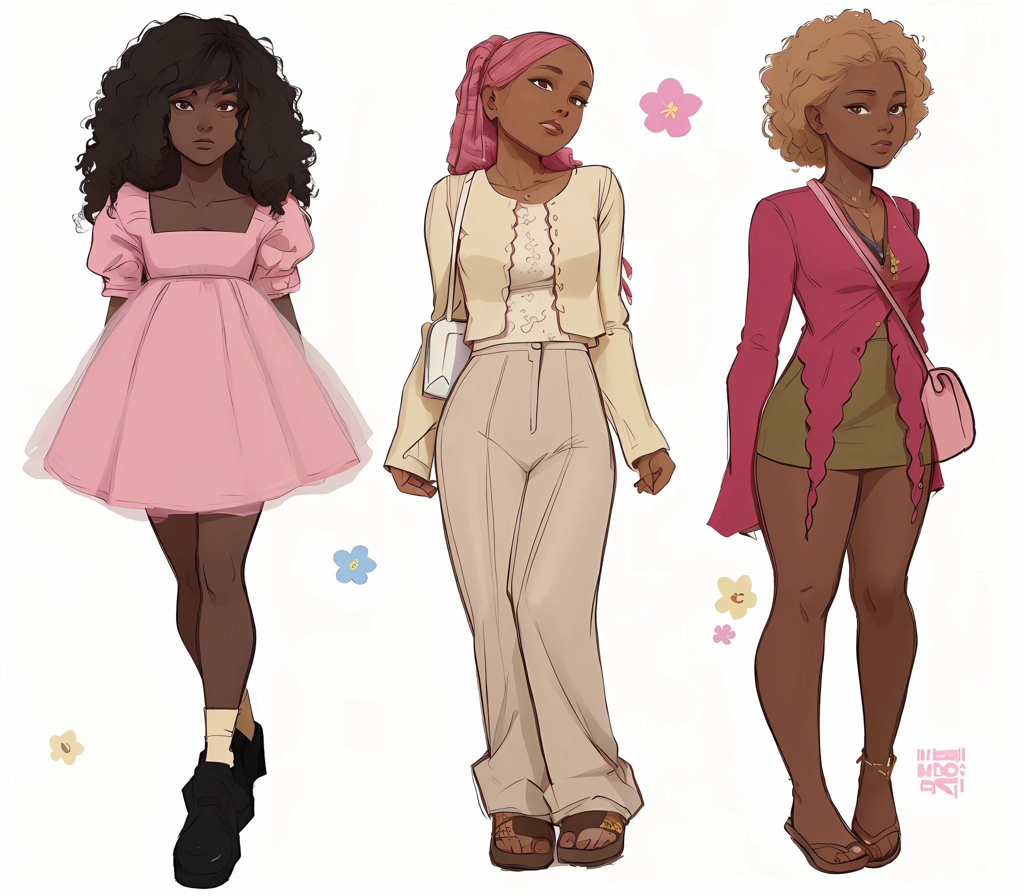 Three women in different clothes walking down a street, roupas diversas, designs de roupas, arte conceitual de moda, Design de personagem de corpo inteiro, estudo de moda, estilo de arte bonito, arte conceitual colorida, estilo detalhado