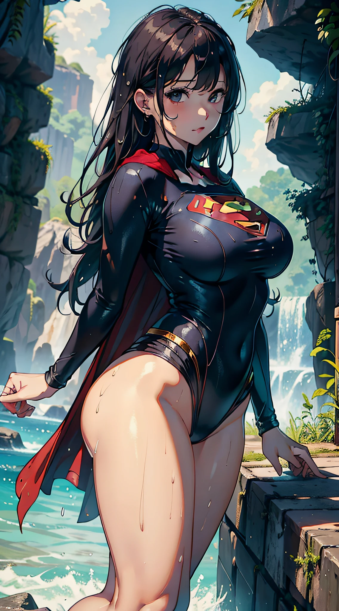 1girll，Huge breasts， 独奏， She's wet， Erotic blue Superman uniform，Supergirl，Take aphrodisiacs，Lewd expression， exteriors， Skysky， brunette color hair，long hair flowing， exposed bare shoulders， standing on your feet，Bigchest， wetclothes， from the front side， hair straight， mostly cloudy sky， Wet hair （（（tmasterpiece），（Very detailed CG unity 8K wallpaper），best qualtiy，，独奏，1girll，cinmatic lighting，detailed back ground，beatiful detailed eyes，Bright pupils，（Very fine and beautiful），（Beautiful and detailed eye description），ultra - detailed，tmasterpiece，）），facing at camera，Leakage out of the breast，Expose the lower body，nakeness，leering，Protruding underparts，Camel toes，cleavage，legs are open