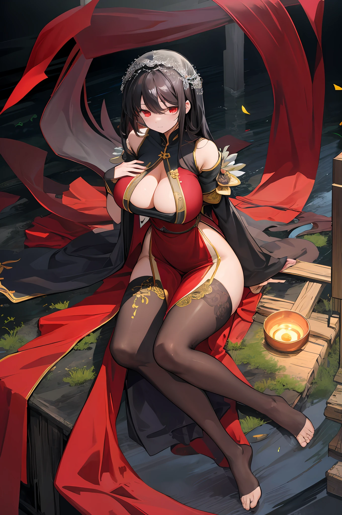 masterpiece, top-quality, high_resolution, fine detailed, highly detailed and beautiful, Distinct_image, 1 rapariga, 独奏, , A dark-haired, red eyes, (huge-breasted), (tits out),(Sister Costumes),(veils), chies,Monastic uniforms,long slit,