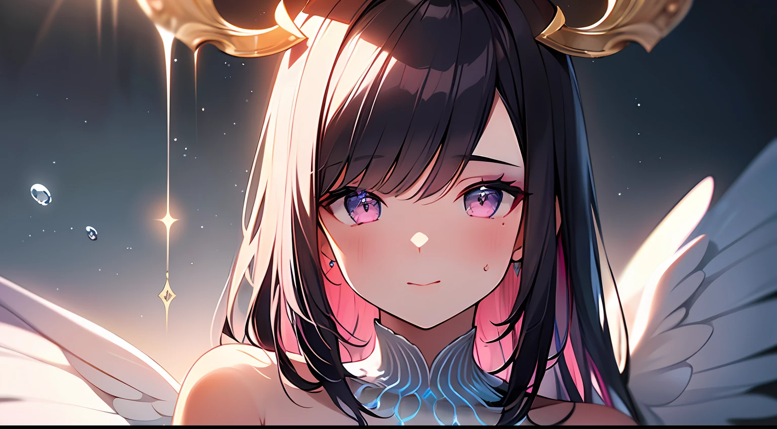 (Masterpiece:1.2), best quality, (illustration:1.2), (ultra-detailed),Eye focus,(Masterfully crafted Glow, pink lens flare), (Cinematic background), hyper details, (delicate detailed), (intricate details),in the air, octane render, hdr, (hyperdetailed:1.15), (soft light:1.2), 1girl, beautiful girl, ultra detailed eyes, mature, plump, thick, rainbow painting drops, paint teardrops, woman made up from paint, entirely paint, splat, splash, outdoors, (bioluminescent hair:1.1),(glowing eyes), ((makeup)),(Cinematic masterpiece), fierce, powerful, splashes of colour absolutely eye-catching, (Cinematic headlight), light coming from above, growing shadows, ((caustic)), dynamic angle, beautiful detailed glow, ambient occlusion, ambient light, raytraced reflections,(best illumination, an extremely delicate and beautiful), ((cinematic light)), (soft:2), (Nephilim:1.2), (halo), demon horns,(1 angel wing),1 demon wing, wings on back, half demon, demon ears, black wings, raven wings, (falling raven feathers), black hair, grey eyes, (red hair glow), (radiant aura),