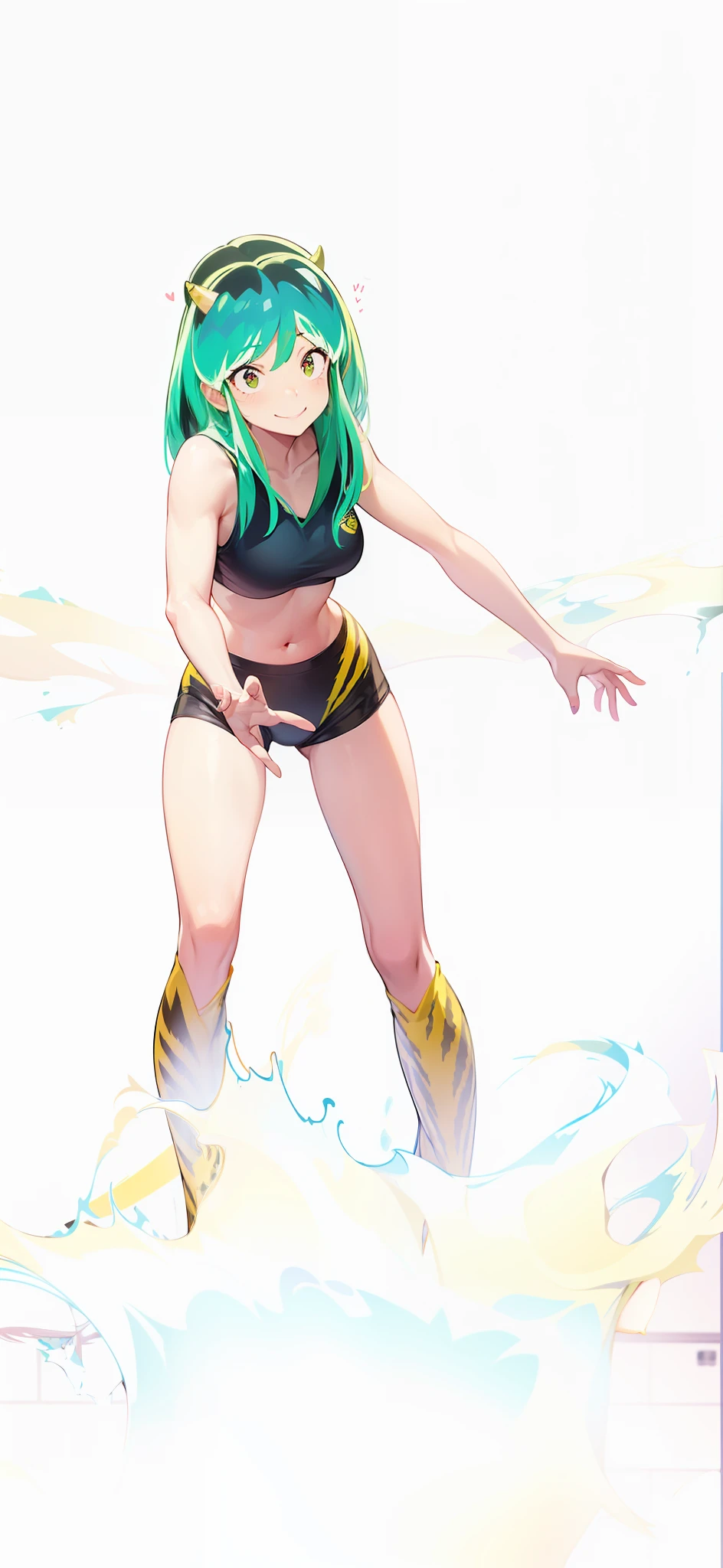 Tiger print boots、sport underwear、Woman with green hair and horns、dance、animesque、urusei yatsura、A smile、Background white