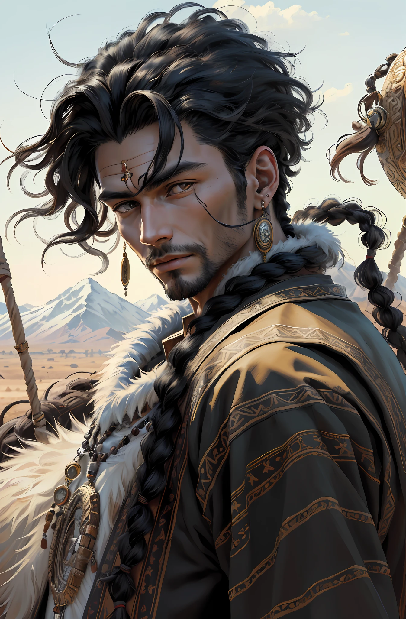 Realistic, (masterpiece, top quality, best quality, official art,), very detailed, most detailed, (1boy:1.3), gods, black hair, mysterious, handsome man, ((nomadic style)), steppe, herdsman, fur coat, ornaments, earrings, single braid