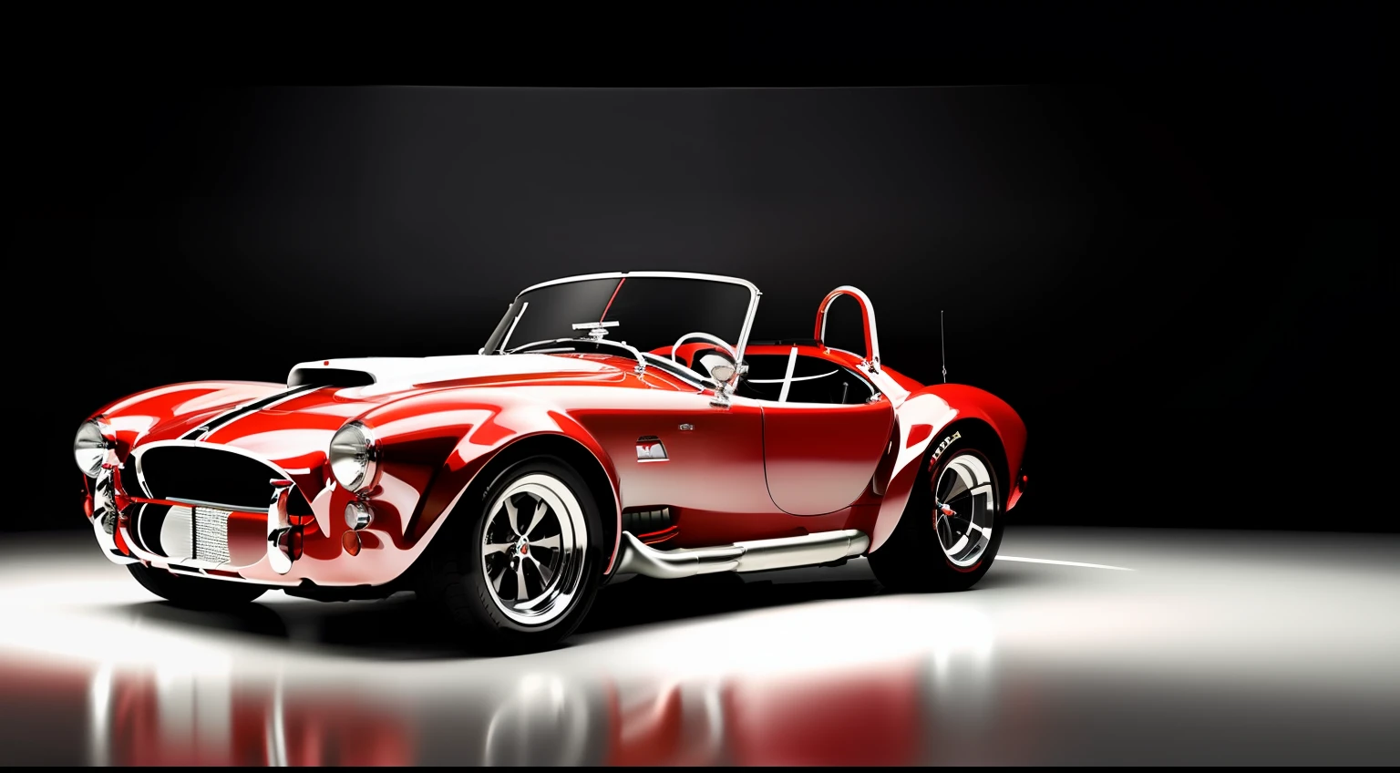 a Red Shelby Cobra car with a black interior sits in a white background, in the style of hajime sorayama, 1960s, bold yet graceful, rim light, gothic-influenced, 32k uhd, eero saarinen, full car render, masterpiece