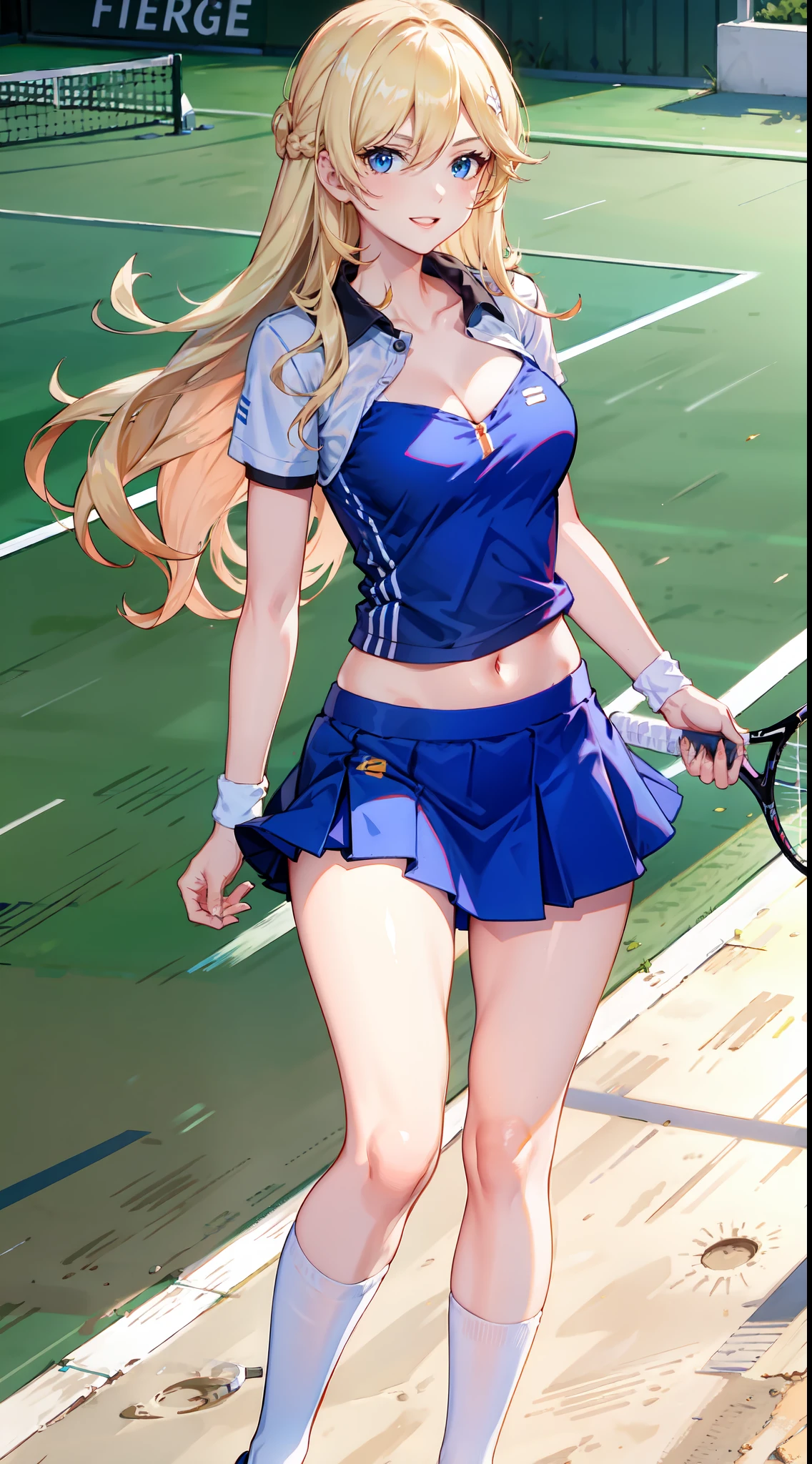slim legs, happy, cleavage, short skirt, navel, blue eyes, tennis player, thigh high socks, stand, blonde hair, long hair, short skirt