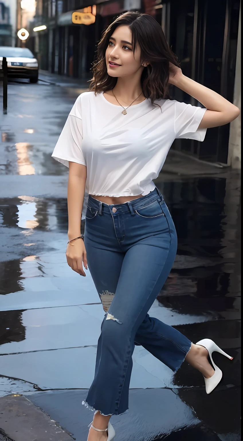 ((Best Quality, 8K, Masterpiece: 1.3, One arab Girl, Beautiful Arab Girl)), cute, dynamism, detailed face, detailed skin, detailed eyes, detailed lips, detailed tongue, detailed fingers, detailed mouth, photorealistic, raw photo, natural light, dark wavy short hair, big breasts, big round buttocks, toned abdomen, toned legs, double eyelids, dark brown eyes, round eyes, moist lips, large earrings, simple necklace, mole under the eyes, eyeshadow, ((white plain Tee-shirt, with tight torn full jeans, heels, run on street of town, heavy rain, very rain-soaked hair)), sweaty, fine lots water dridding down from hair, smile, splashing water on the body, cloudy dark sky, head down and looking up, beautiful Arab girl, in white plain teeshirt, rainy weather.