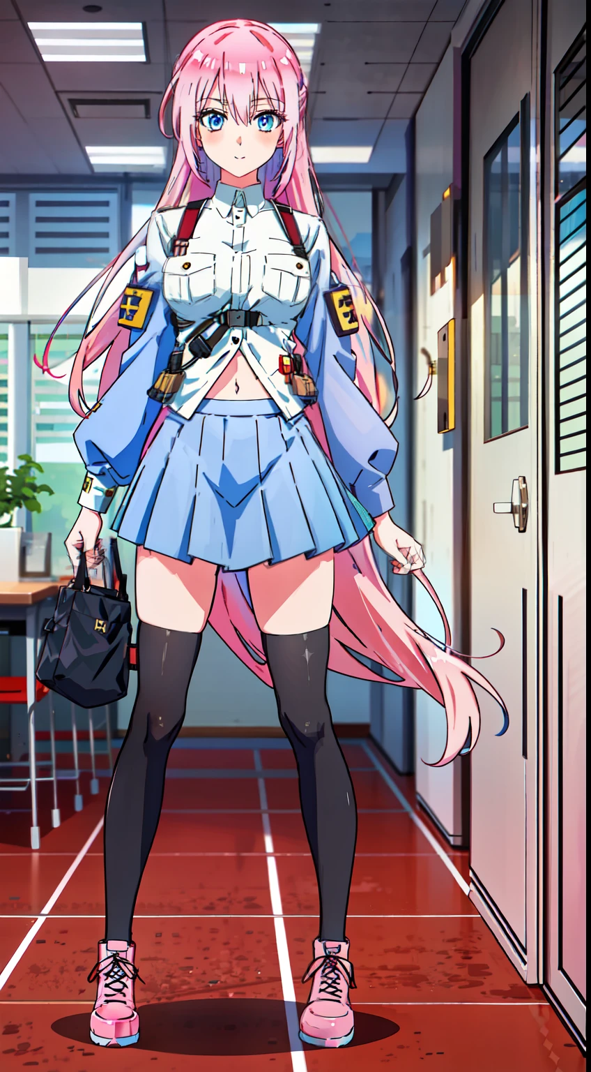 shikimori, slim legs, navel, short skirt, standing, beautiful eyes, blue eyes, happy, soldier uniform, pink hair, long hair, thigh high socks, office, full body