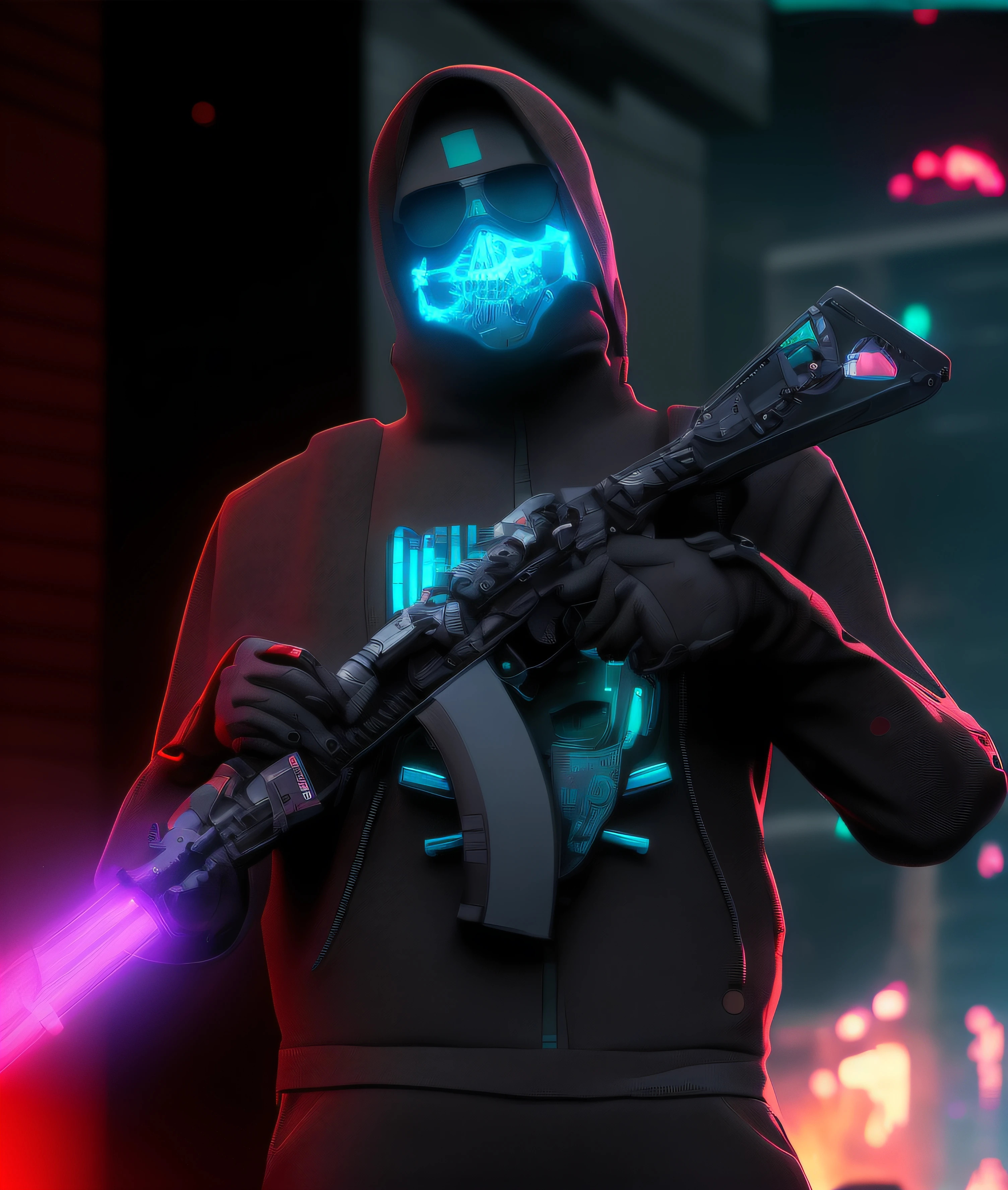 Homem com capuz segurando um fuzil e uma arma, Cyberpunk Rua Goon, assassino cyberpunk, Dia de pagamento 2, empunhando fuzil de assalto, Retrato de um vigilante, espingardas de pulso, Arte conceitual como Ernest Khalimov, Foto de perfil, arte de fundo, foto de perfil 1024px, hacker cyberpunk, Segurando PDW, 8 k altamente detalhado ❤🔥 🔥 💀 🤖 🚀