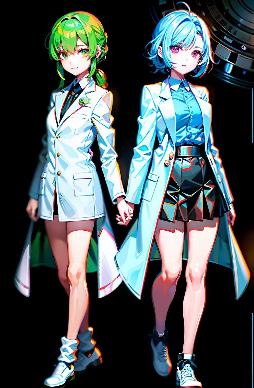 The girl on the left wears a long white coat，Short socks，It's green eyes。The girl on the right has red eyes，There are dull hairs。