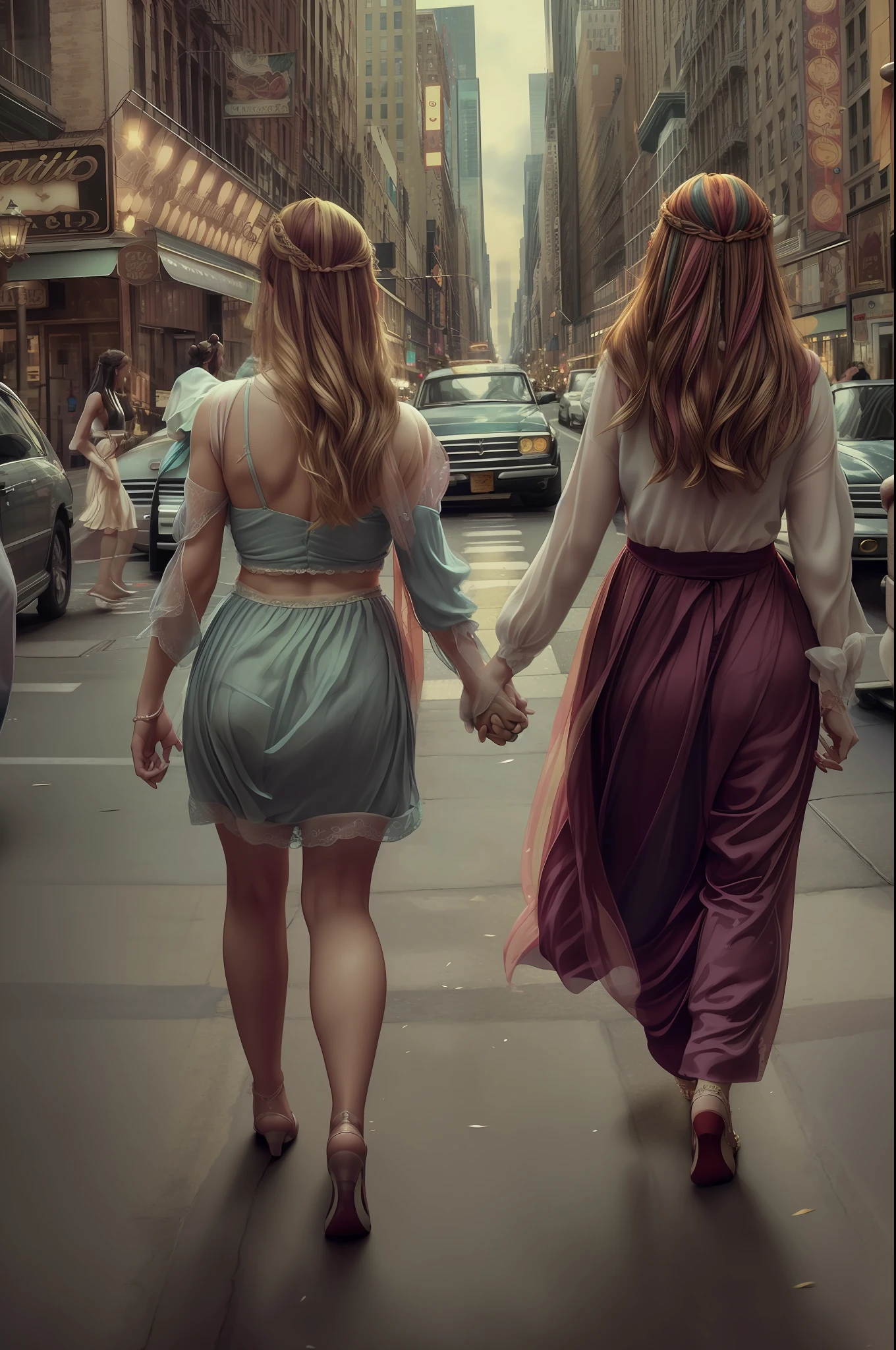 Una imagen espectacular. A medium shot of a beautiful young woman of about 23 years and her sister of 27 years even more impressive, are of Germanic origin. The two are together holding hands strolling down a New York street on a Saturday night on their way to party areas............................... Realismo extremo, detalles locos, intricate composition, cinematic quality, perfect photography, Colores sublimes.