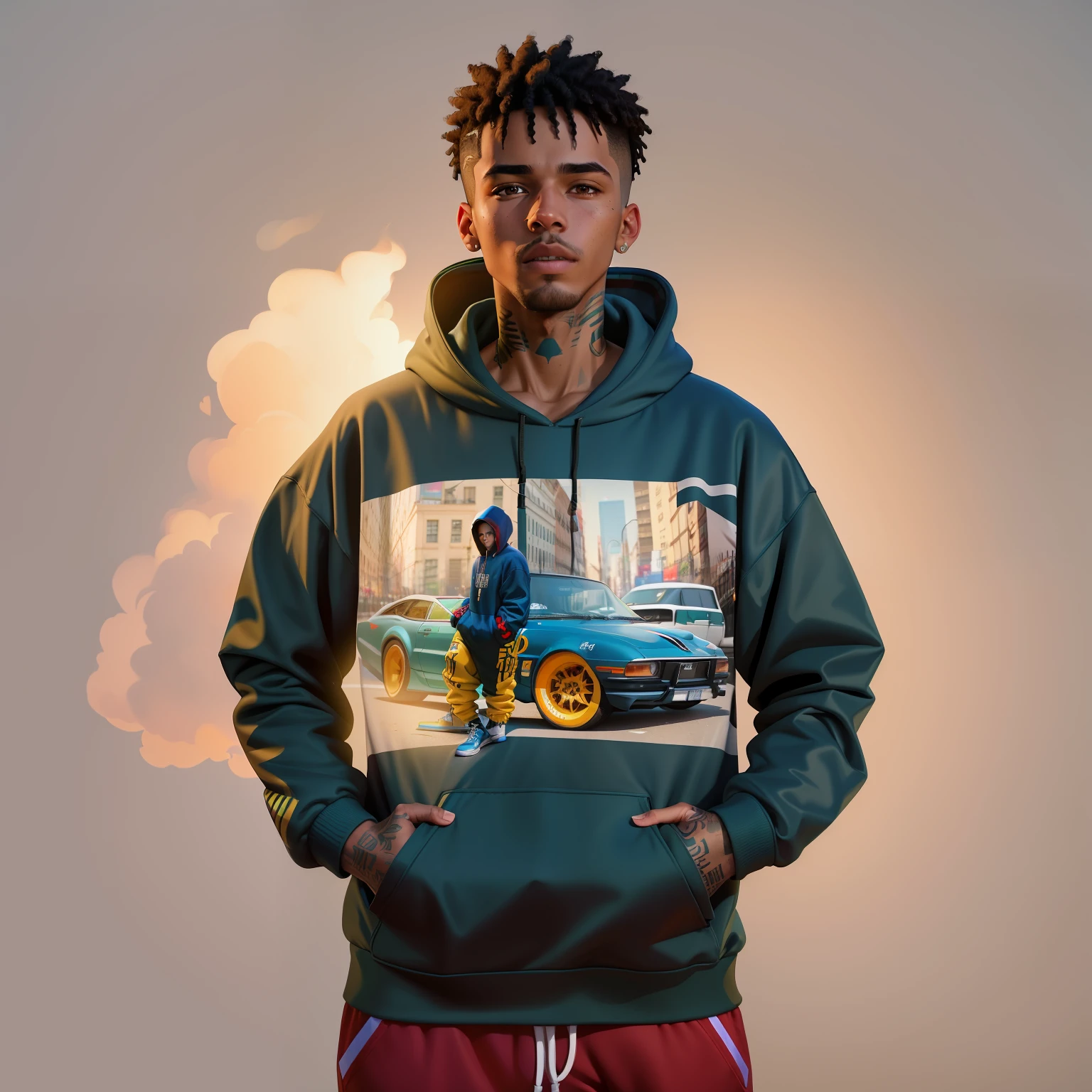 arafed man in a hoodie with a picture of a car, outlive streetwear collection, inspired by Liam Wong, in a hood, teddy fresh, mid shot portrait, portrait shot, portrait shot 8 k, jayson tatum as guerilla heroica, photo in style of tyler mitchell, no hood | | realistic shaded, streetwear fashion, inspired by Mike Winkelmann