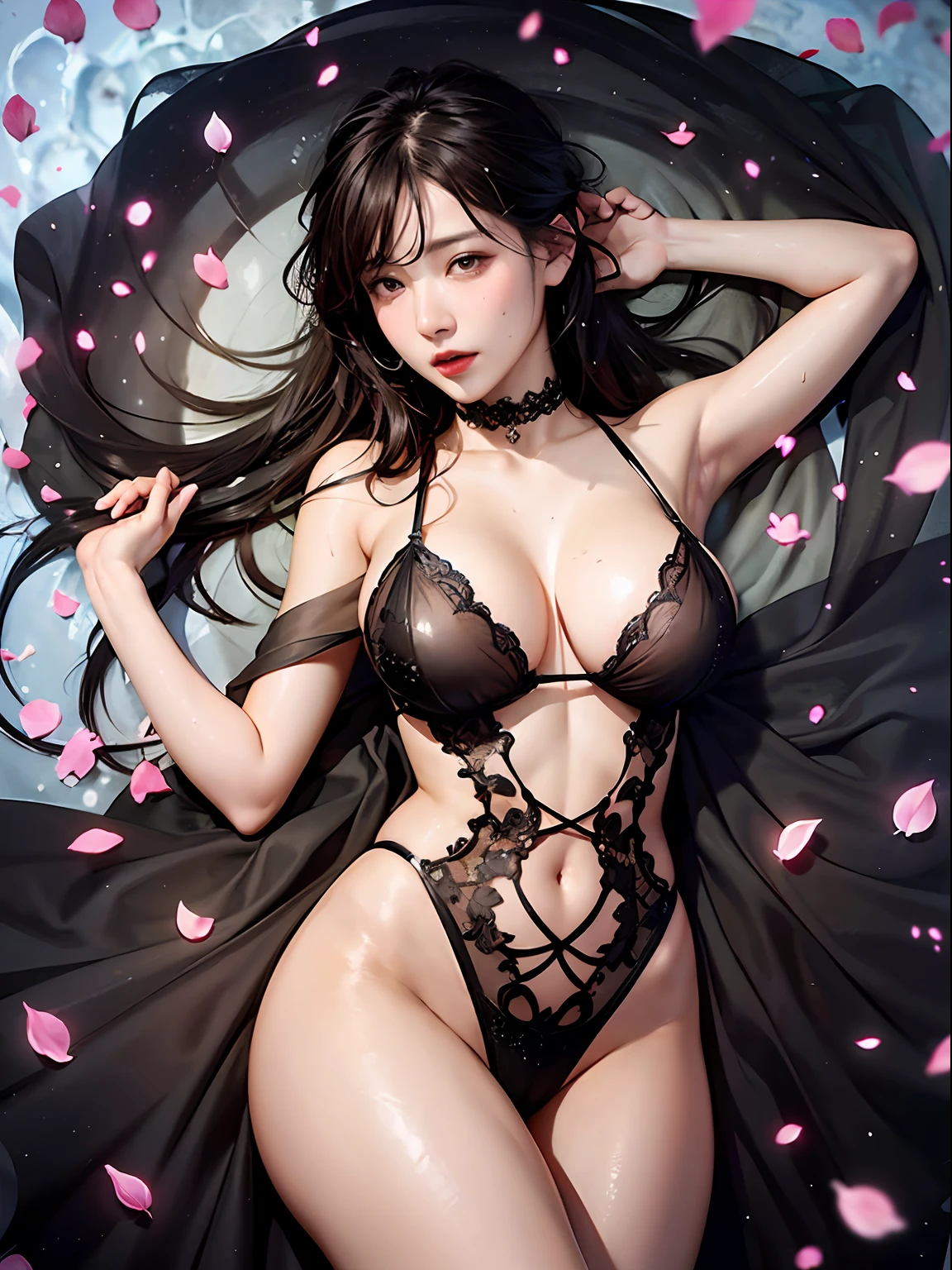 loose outfit、Show shoulders、Dark Color String Dress、How to wear a black gown、Decorated with intricate patterns and bright colors、Transparent material that makes the skin shine、Artistic depiction of seductive woman in gown with wet thin cloth and transparent skin, Floral and fantastic pattern with flowing silky traditional see-through skin。Her dress draped elegantly around her curvaceous figure、Emphasizes her charming silhouette。She's a gentle fireworks night、Dynamic Posing、Sexy Posing、bathed in the soft glow of moonlight。The scene is、With a hint of mystery and sensuality、It exudes an ethereal dreamy atmosphere。The image style is、It incorporates a blend of watercolor and digital illustration techniques.、It makes you feel delicate beauty and charm。Soft moonlit lighting、Cast gentle highlights and shadows on her mesmerizing features。Dynamic Posing、Bold poses、The hand is somewhere、see -through、show through、A sexy、Wet hair、Wet、(cherry trees、flower petals、cherryblossom、The cherry tree、Sakura Snowstorm 1.5)、buried、Transparent skin、Wet clothes、(Chest 1.2)、Navel Ejection、Swaying in the wind、Burgundy、pale red、(Slouch 1.5)、Lace color、lace choker、a choker、Lie on your back on the surface of the water、New lining、