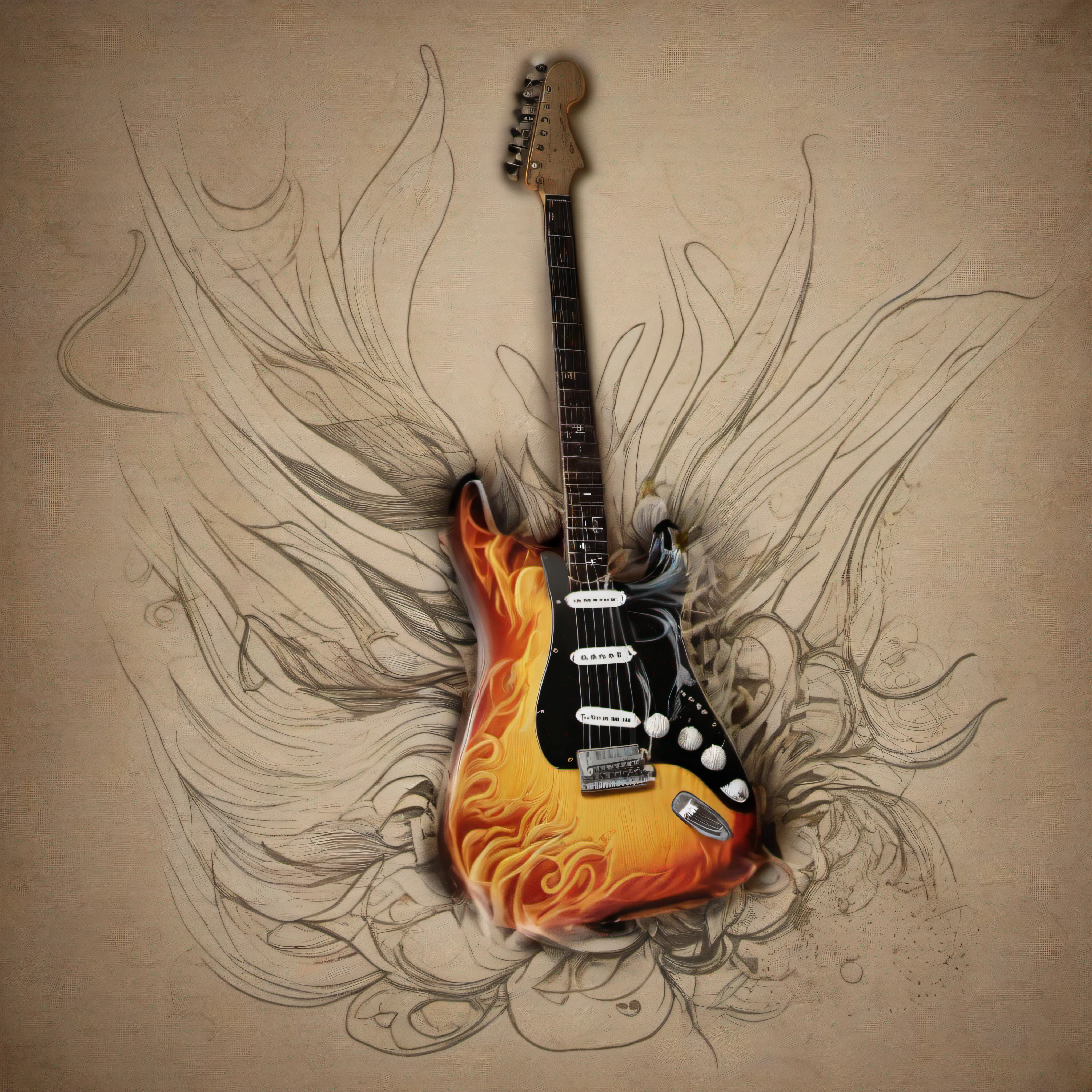 fender stratocaster avec un dessin de flammes