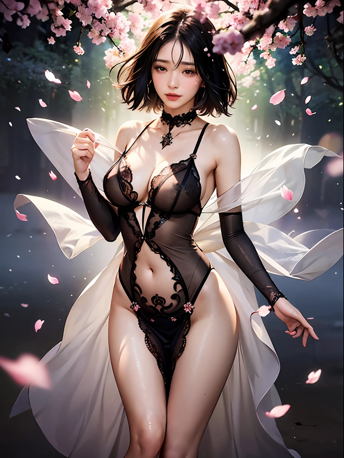 loose outfit、Show shoulders、Dark Color String Dress、How to wear a black gown、Decorated with intricate patterns and bright colors、Transparent material that makes the skin shine、Artistic depiction of seductive woman in gown with wet thin cloth and transparent skin, Floral and fantastic pattern with flowing silky traditional see-through skin。Her dress draped elegantly around her curvaceous figure、Emphasizes her charming silhouette。She's a gentle fireworks night、Dynamic Posing、Sexy Posing、bathed in the soft glow of moonlight。The scene is、With a hint of mystery and sensuality、It exudes an ethereal dreamy atmosphere。The image style is、It incorporates a blend of watercolor and digital illustration techniques.、It makes you feel delicate beauty and charm。Soft moonlit lighting、Cast gentle highlights and shadows on her mesmerizing features。Dynamic Posing、Bold poses、The hand is somewhere、see -through、show through、A sexy、Wet hair、Wet、(cherry trees、flower petals、cherryblossom、The cherry tree、Sakura Snowstorm 1.5)、buried、Transparent skin、Wet clothes、(Chest 1.2)、Navel Ejection、Swaying in the wind、Burgundy、pale red、(Slouch 1.5)、Lace color、lace choker、a choker、Lie on your back on the surface of the water、New lining、