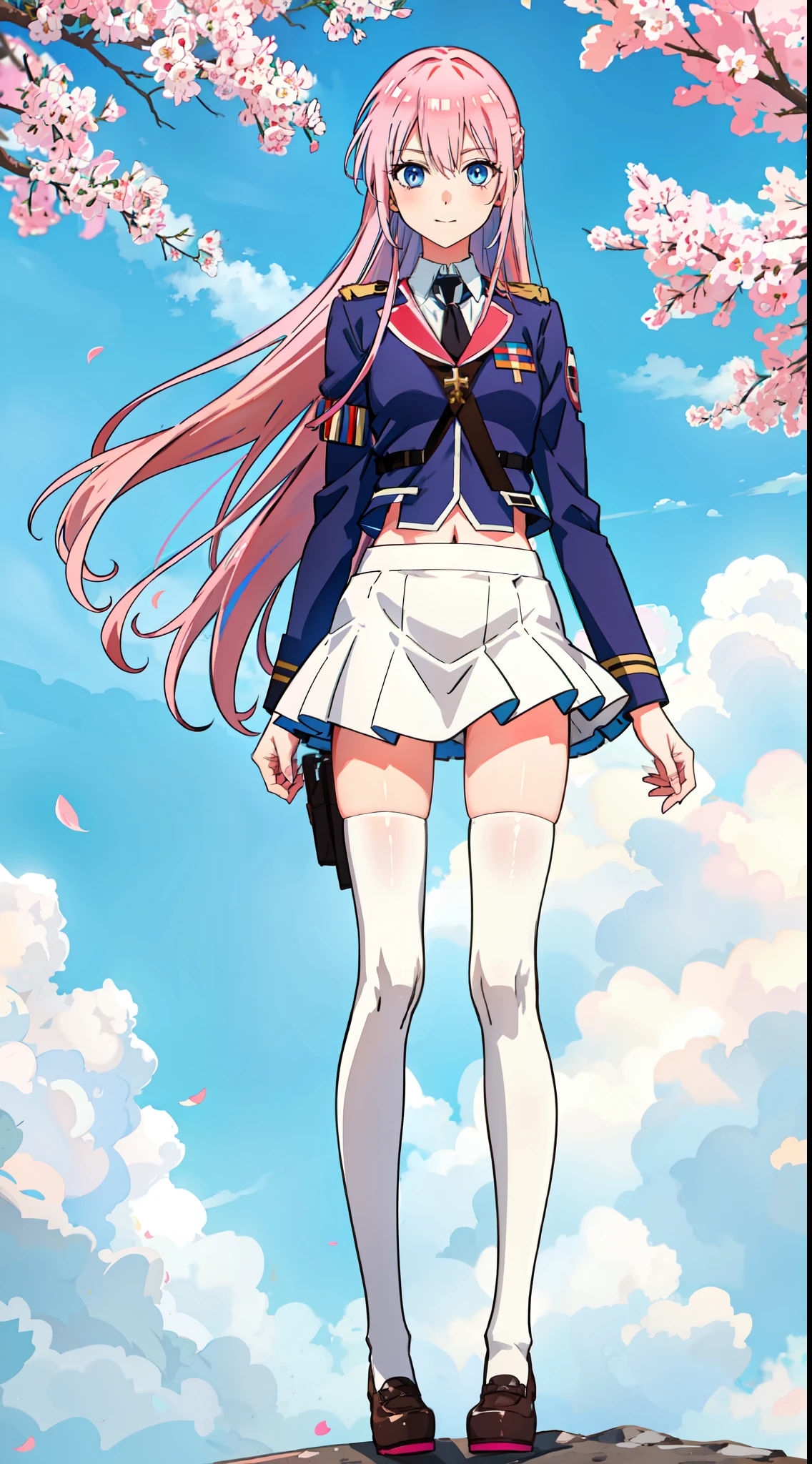 shikimori, slim legs, navel, short skirt, standing, beautiful eyes, blue eyes, happy, soldier uniform, pink hair, long hair, thigh high socks, office, full body