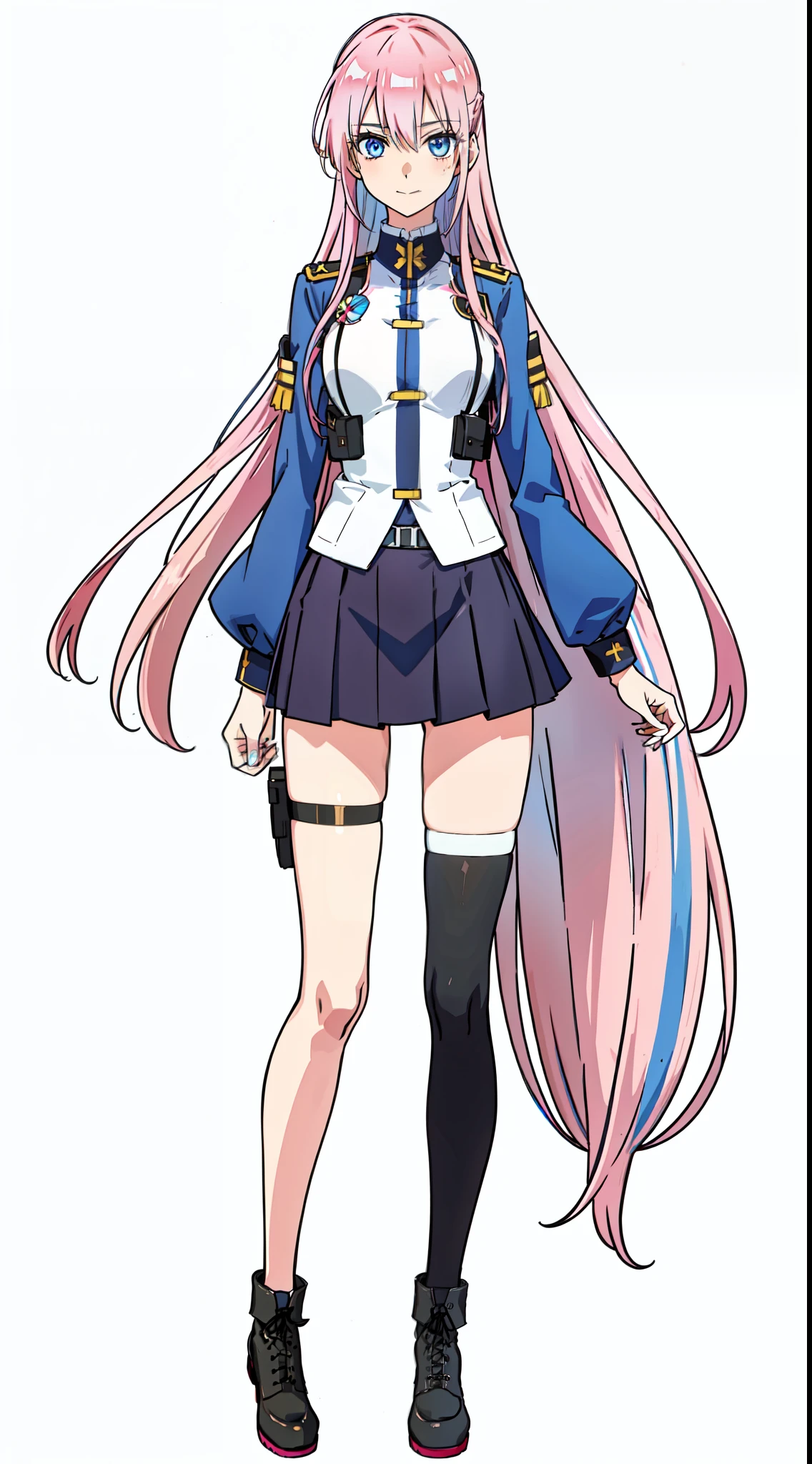 shikimori, slim legs, navel, short skirt, standing, beautiful eyes, blue eyes, happy, soldier uniform, pink hair, long hair, thigh high socks, office, full body