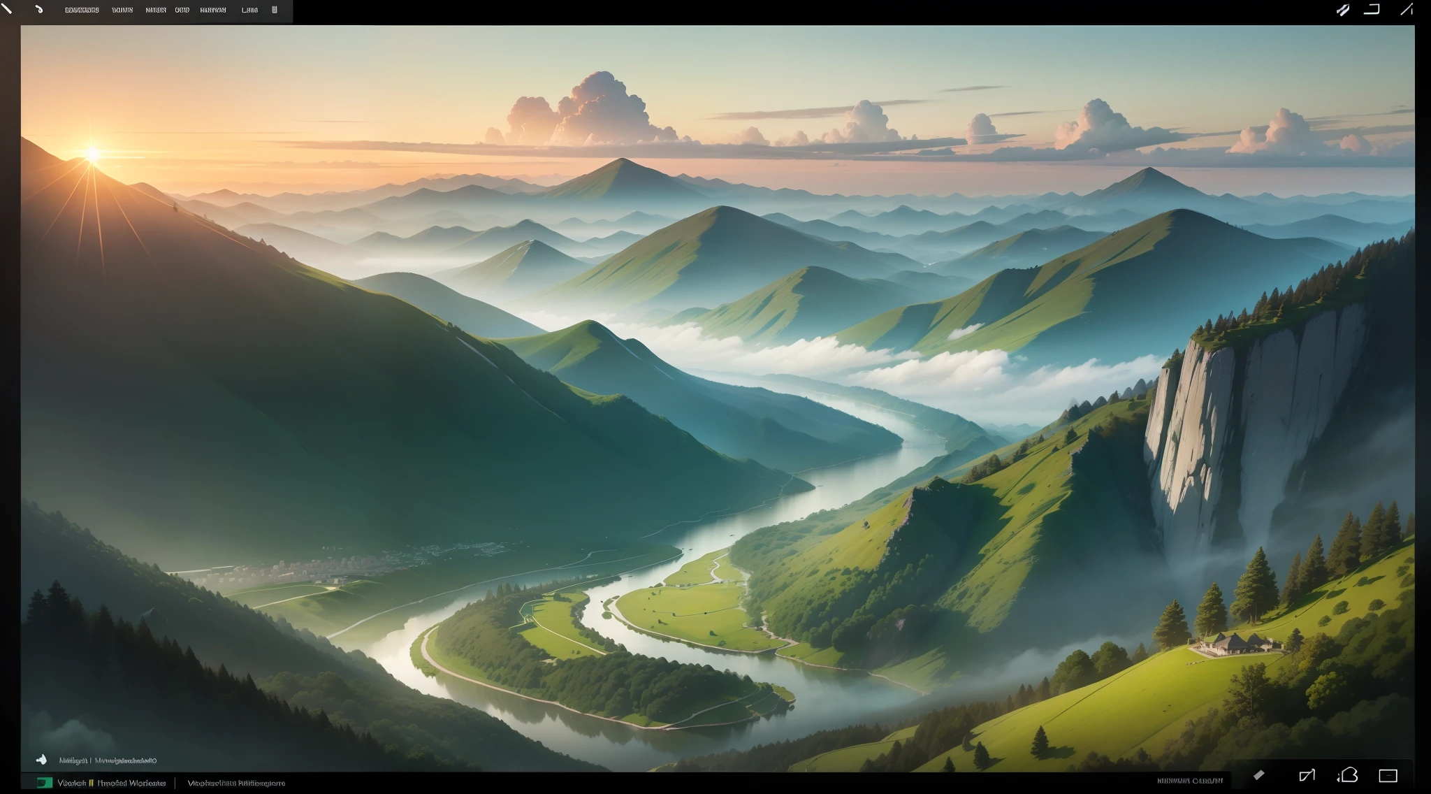 The ethereal and majestic lush green mountains of Yakushima々、Dawn in the azure sky、Fantastic、Ethereal、Floating on the horizon、Fantastic、Ethereal、The sun rises on the ridgeline、Photorealism Based Details Widget 1.3, Ultra-detailed depiction、Cinematic shots with HDR effect、Vignette and center screen、Generate in automatic mode