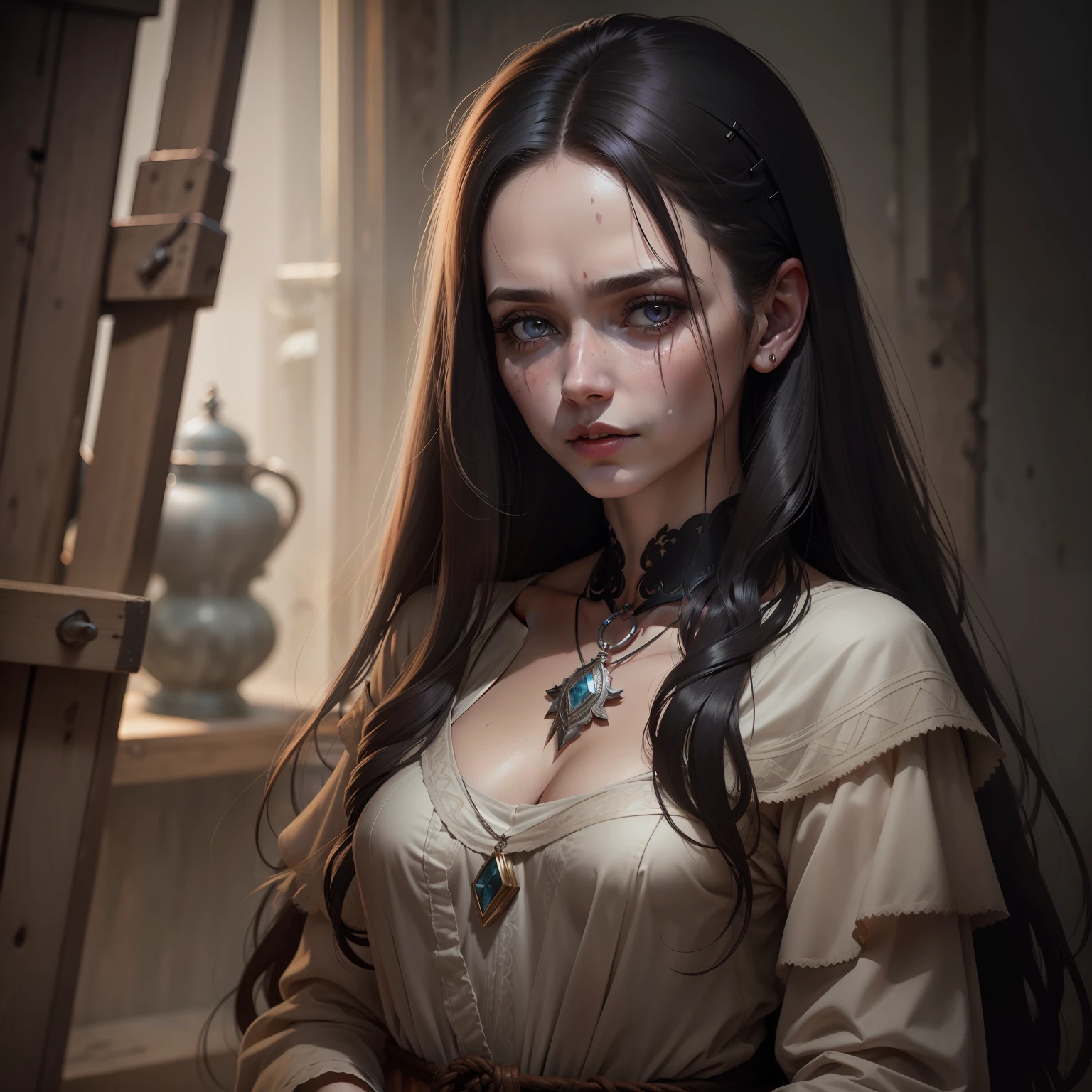 uma mulher madura, rosto sereno, longos cabelos escuros, roupas discretas, roupas de baixa qualidade, pale skin, decrepit complexion, visible lesions, Pendant around neck, arte conceitual do personagem, trending on ArtStation, altamente detalhado, 8k, Arte Oficial,