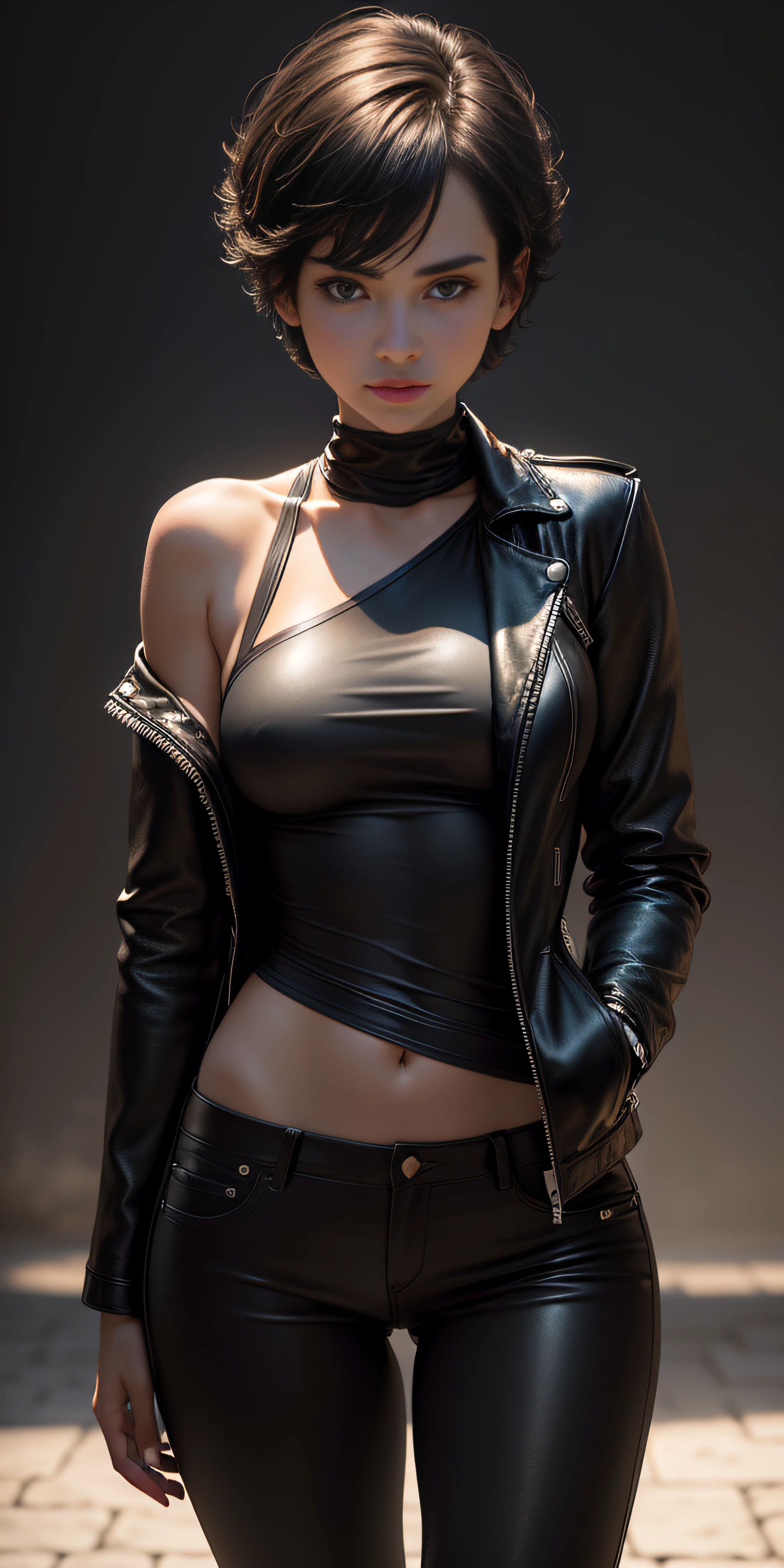 Best quality, masterpiece, ultra high res, (photorealistic:1.5), raw photo, 1girl, in the dark, deep shadow, low key, cold light, sexy look, short hair, wearing a black cool leather jacket, wearing black bodyfit pants, full body