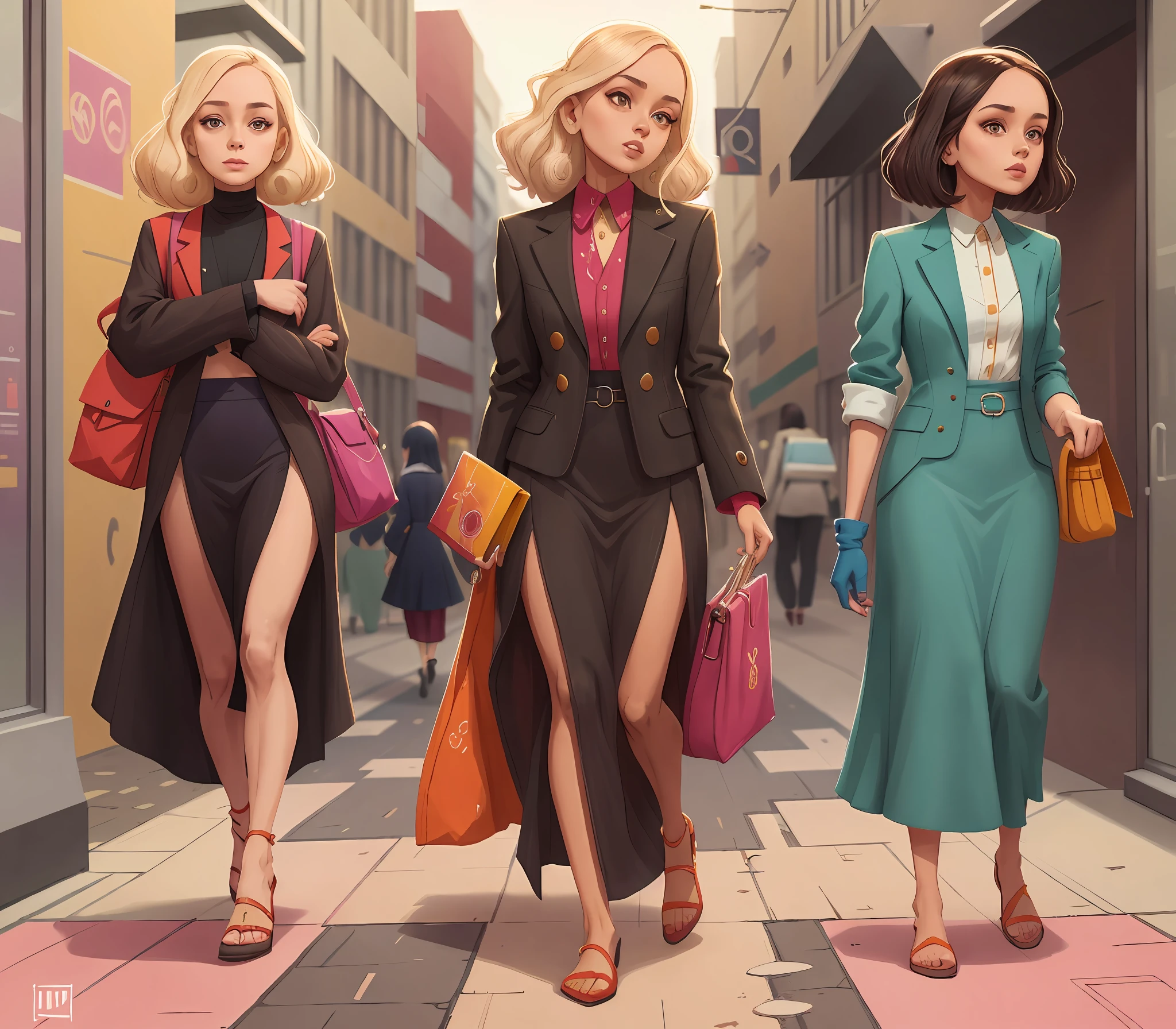 Three women in different clothes walking down a street, roupas diversas, designs de roupas, arte conceitual de moda, Design de personagem de corpo inteiro, estudo de moda, Belo estilo de arte, arte conceitual colorida, estilo detalhado
