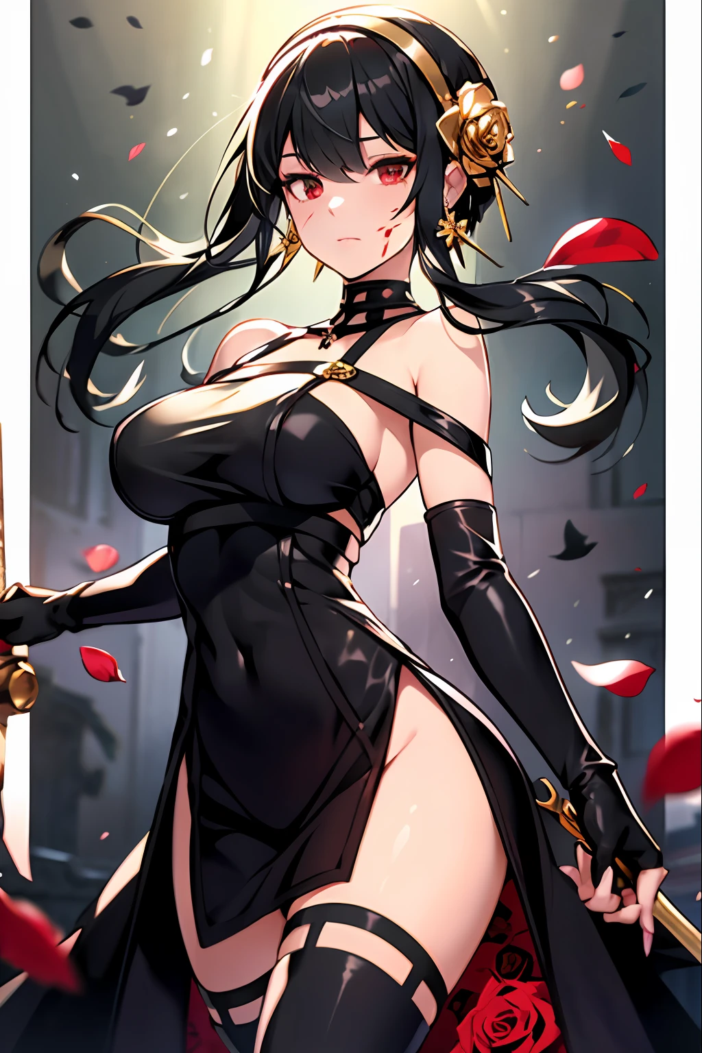 yor briar,

1girl, backlighting, bare shoulders, black background, black dress, black gloves, black hair, blood, blood on face, blood on weapon, breasts, closed mouth, cowboy shot, dress, earrings, expressionless, fingerless gloves, floating hair, floral print, flower, gloves, gold earrings, gold hairband, hair flower, hair ornament, hairband, holding, holding weapon, jewelry, large breasts, light particles, long hair, looking at viewer, off-shoulder dress, off shoulder, petals, red eyes, rose, rose petals, rose print, short hair with long locks, sidelocks, solo, spikes, thighs, two-sided dress, two-sided fabric, weapon

, ((masterpiece))
