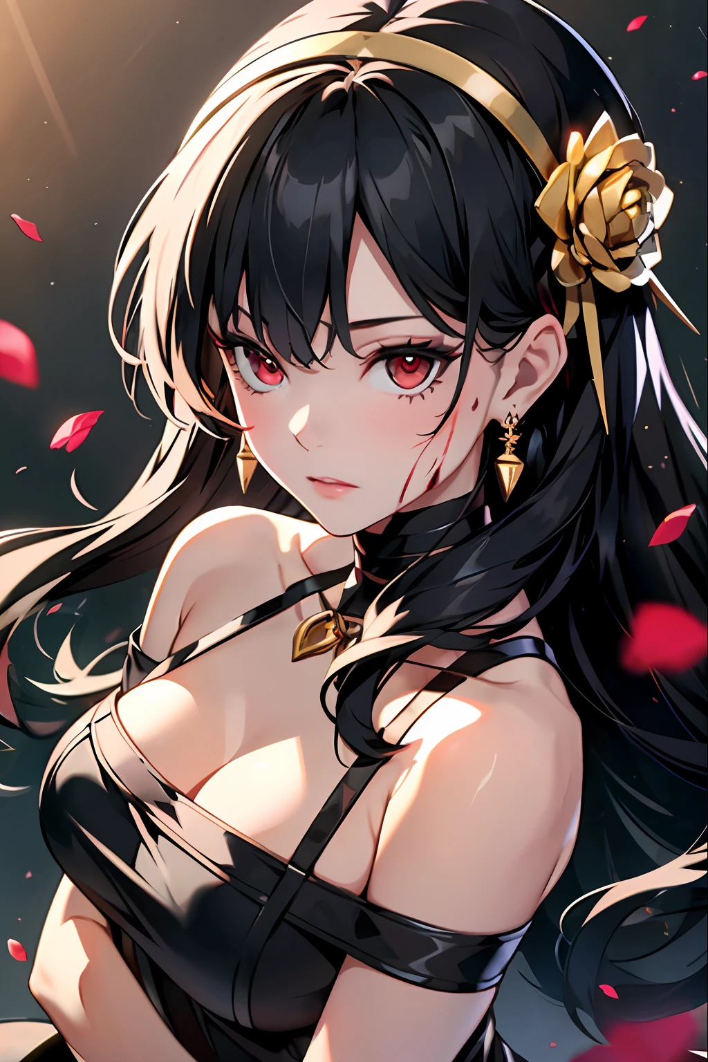 yor briar,
1girl, backlighting, bare shoulders, black background, black dress, black gloves, black hair, blood, blood on face, blood on weapon, breasts, closed mouth, cowboy shot, dress, earrings, expressionless, fingerless gloves, floating hair, floral print, flower, gloves, gold earrings, gold hairband, hair flower, hair ornament, hairband, holding, holding weapon, jewelry, large breasts, light particles, long hair, looking at viewer, off-shoulder dress, off shoulder, petals, red eyes, rose, rose petals, rose print, short hair with long locks, sidelocks, solo, spikes, thighs, two-sided dress, two-sided fabric, weapon
, ((masterpiece))