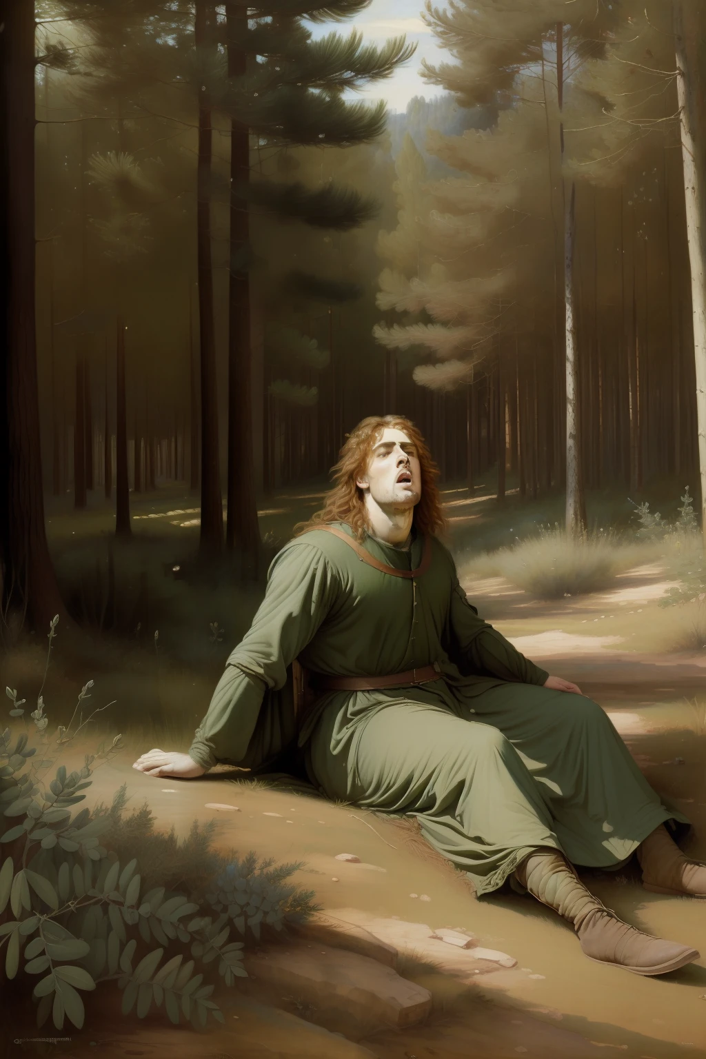 "(((Pre-Raphaelite painting of a wounded warrior groaning in pain in a pine forest)))" paisagem celta, Estilo medieval