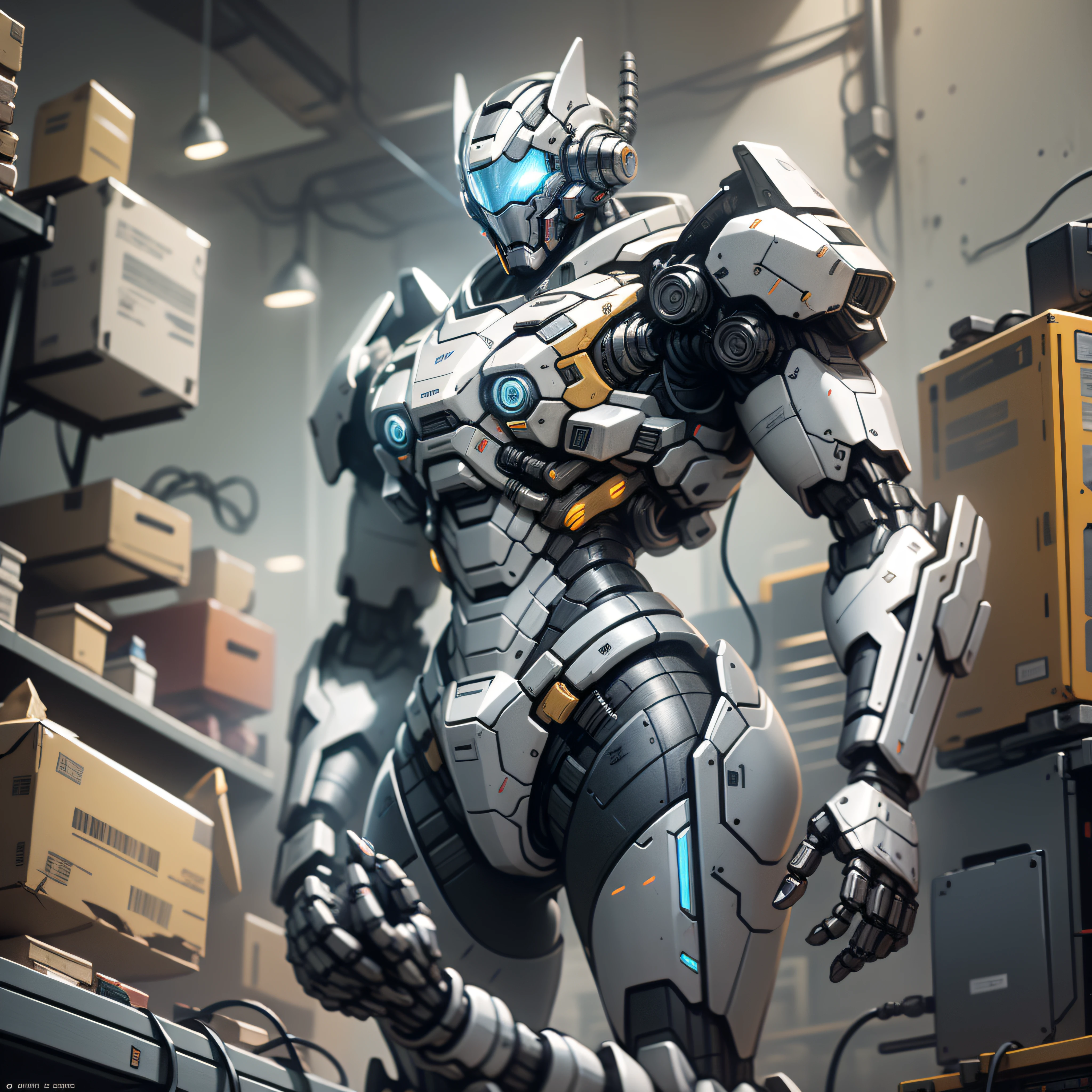 (masterpiece, best quality),  intricate details, photo, realistic, unreal engine, Gray chrome and blue chrome
 Mecha, humanoid robot, robot, robot joints, joints, helmet, armor, robot man, new, cyberpunk warehouse, computer terminals, arcing electricity,  sp3ct4,  dark atmosphere,